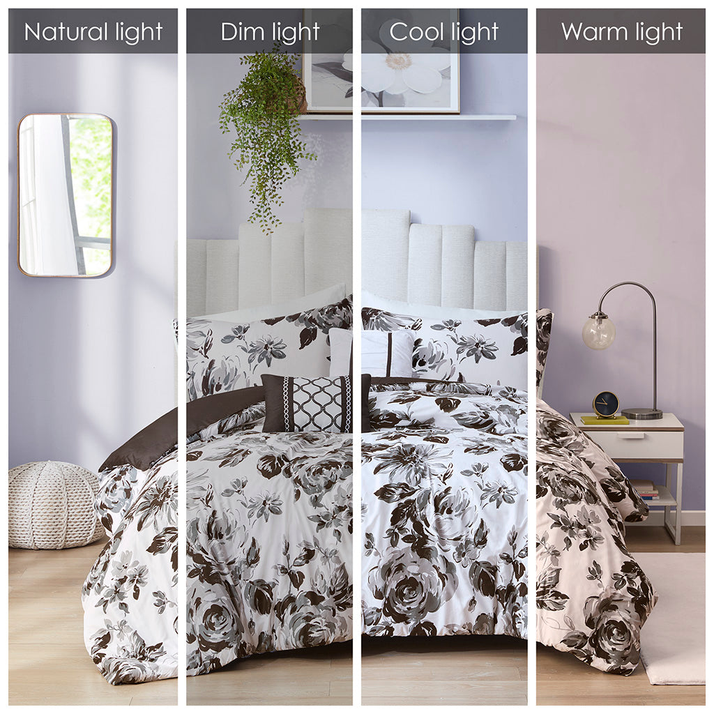 Floral Print Duvet Cover Set King White Black Microfiber