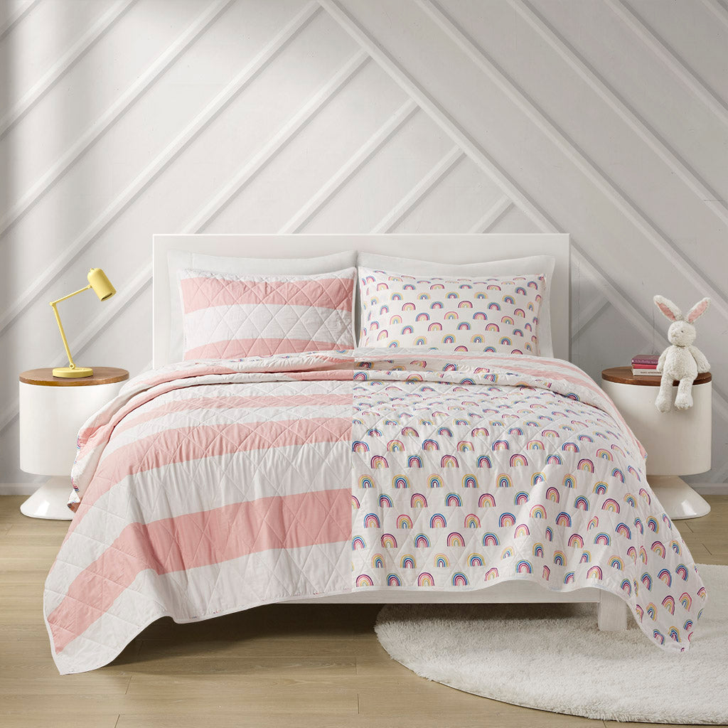 Cotton Cabana Stripe Reversible Quilt Set With Rainbow Reverse Full Pink Cotton