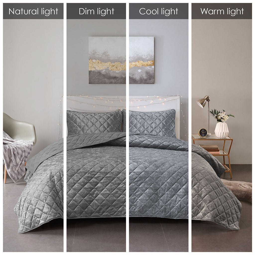 Velvet Quilt Set Full Grey Polyester