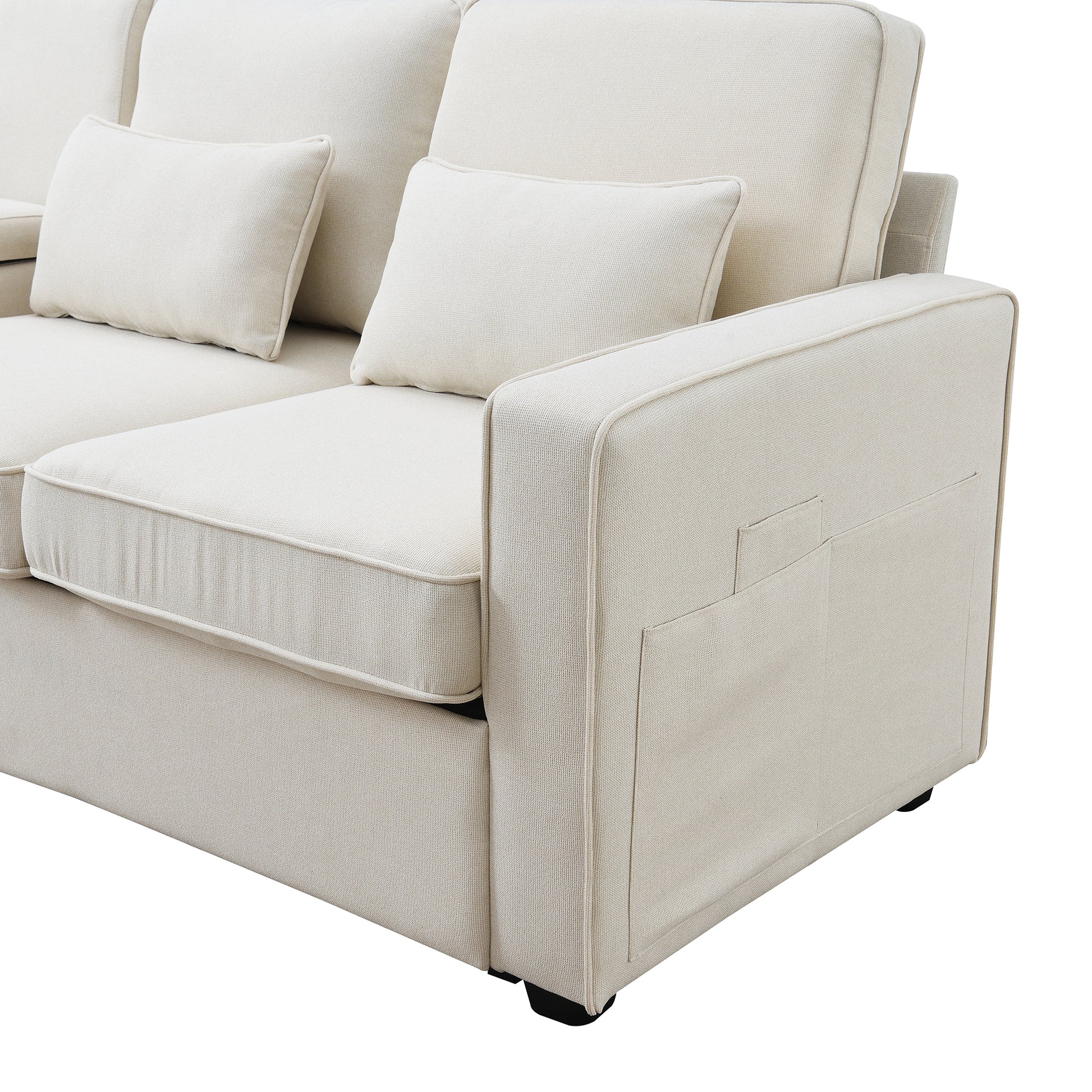 114.2" Upholstered Sofa With Console, 2 Cupholders And 2 Usb Ports Wired Or Wirelessly Charged, Modern Linen Fabric Couches With 4 Pillows For Living Room, Apartment 4 Seat Beige Fabric 4 Seat