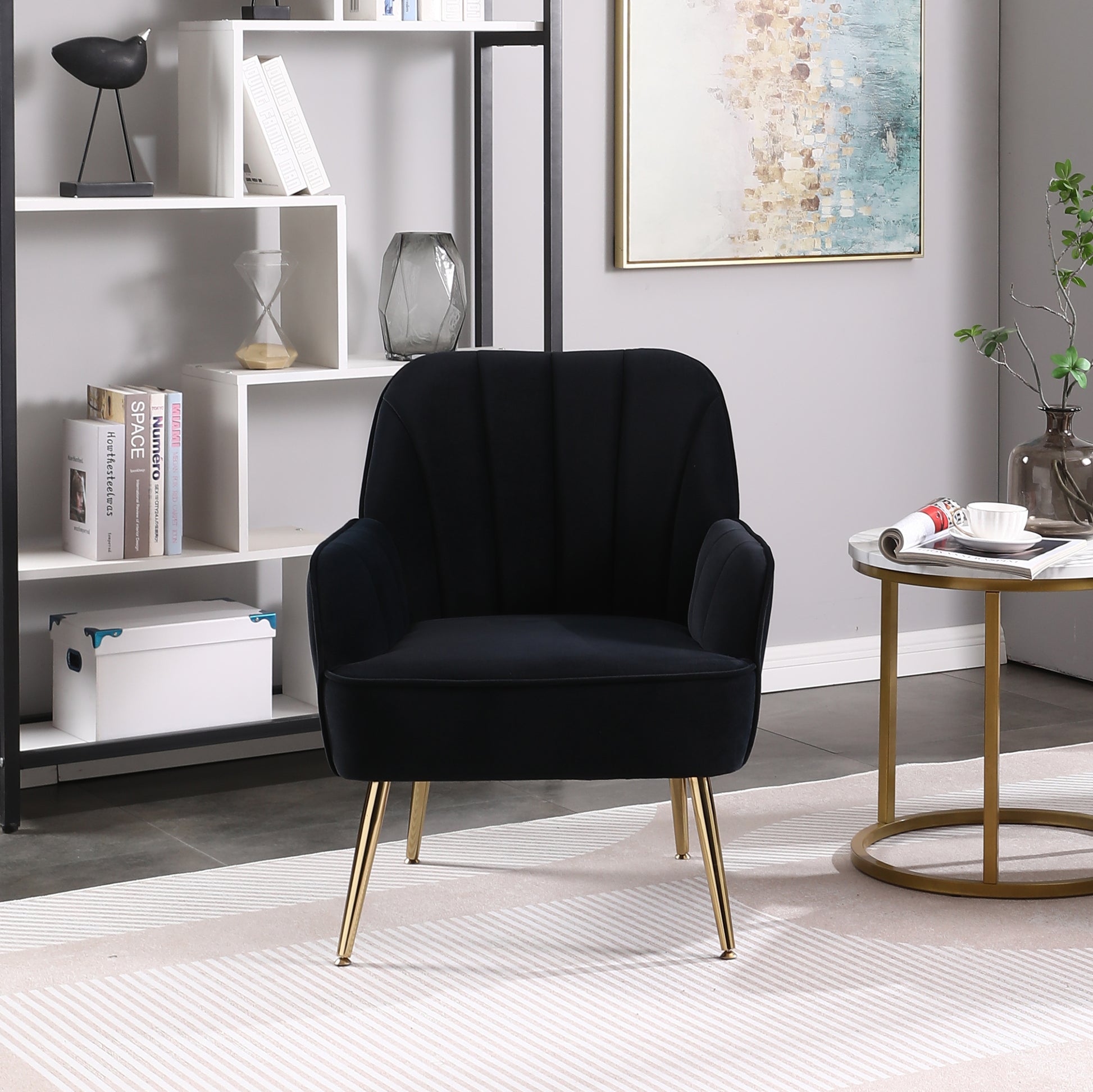 Modern Mid Century Chair Velvet Sherpa Armchair For Living Room Bedroom Office Easy Assemble Navy Black Foam Velvet