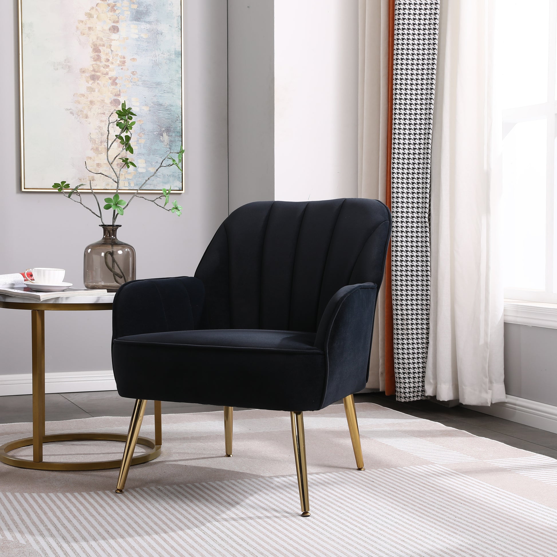 Modern Mid Century Chair Velvet Sherpa Armchair For Living Room Bedroom Office Easy Assemble Navy Black Foam Velvet