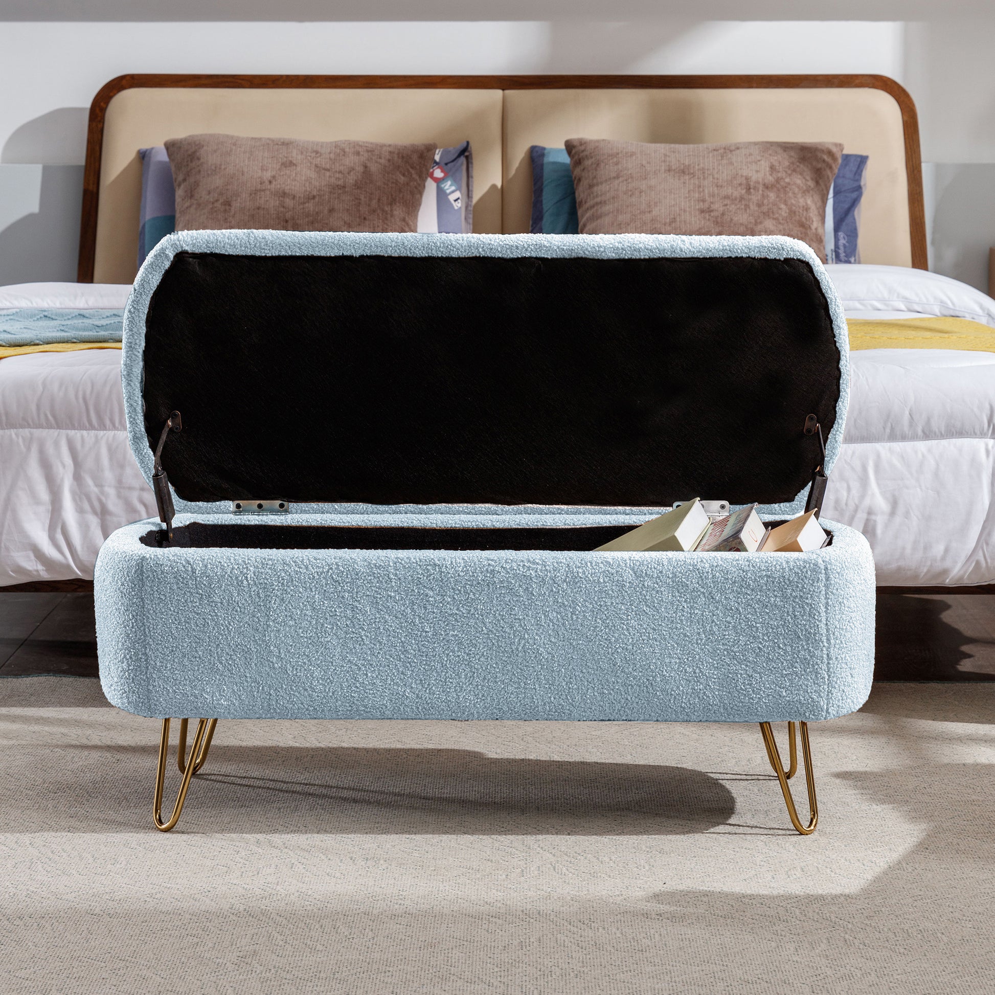 Blue Storage Ottoman Bench For End Of Bed Gold Legs, Modern Grey Faux Fur Entryway Bench Upholstered Padded With Storage For Living Room Bedroom Blue Faux Fur