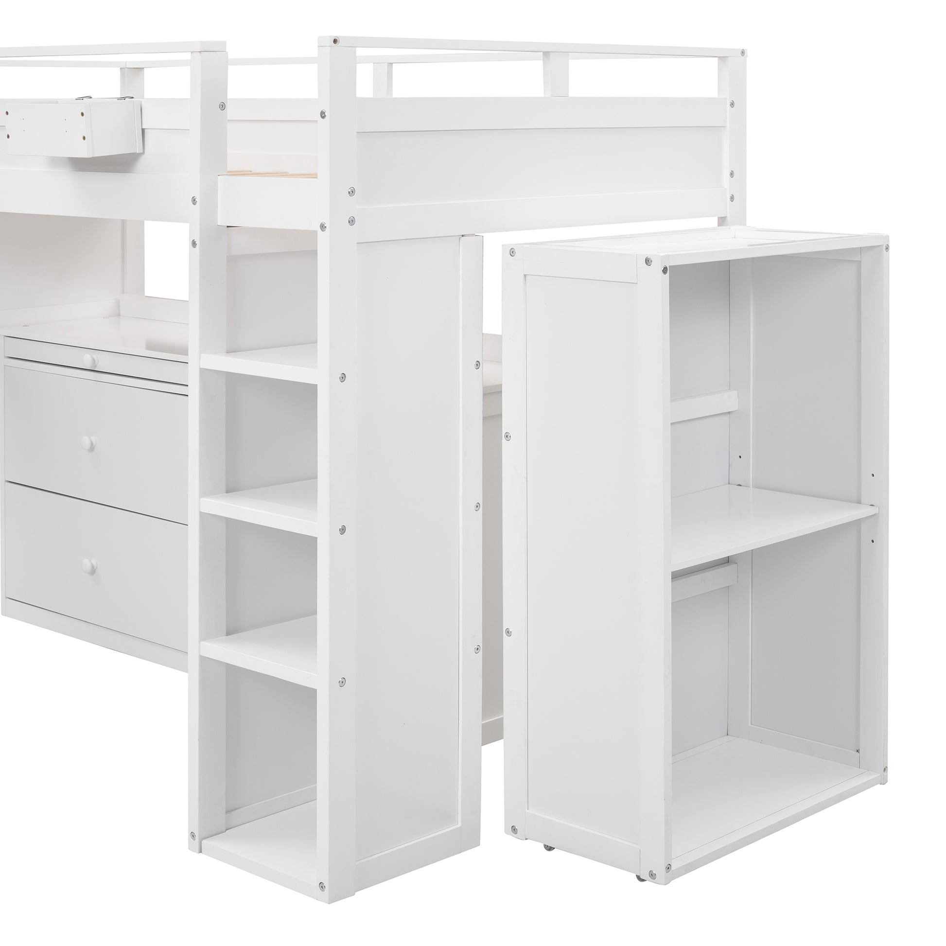 Loft Bed With Rolling Cabinet And Desk White White Solid Wood Mdf