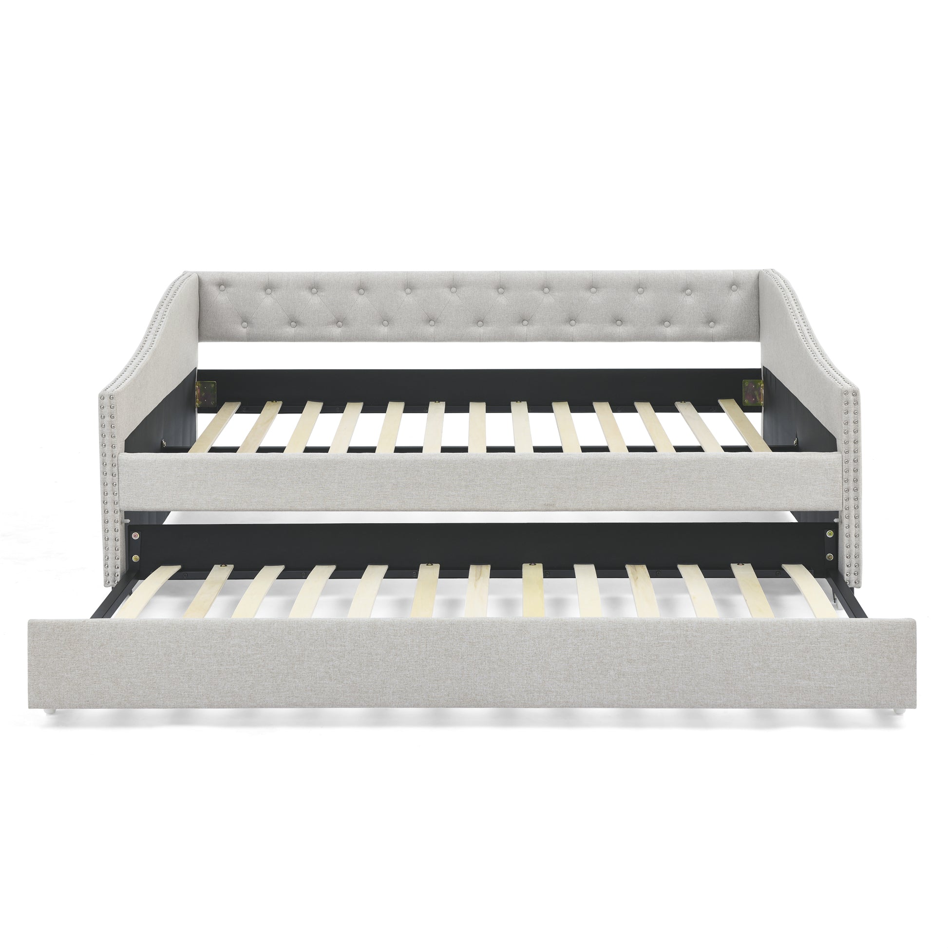 Full Size Daybed With Twin Size Trundle Upholstered Tufted Sofa Bed, With Button On Back And Copper Nail On Waved Shape Arms,Beige 80.5"X55.5"X27.5" Beige Polyester