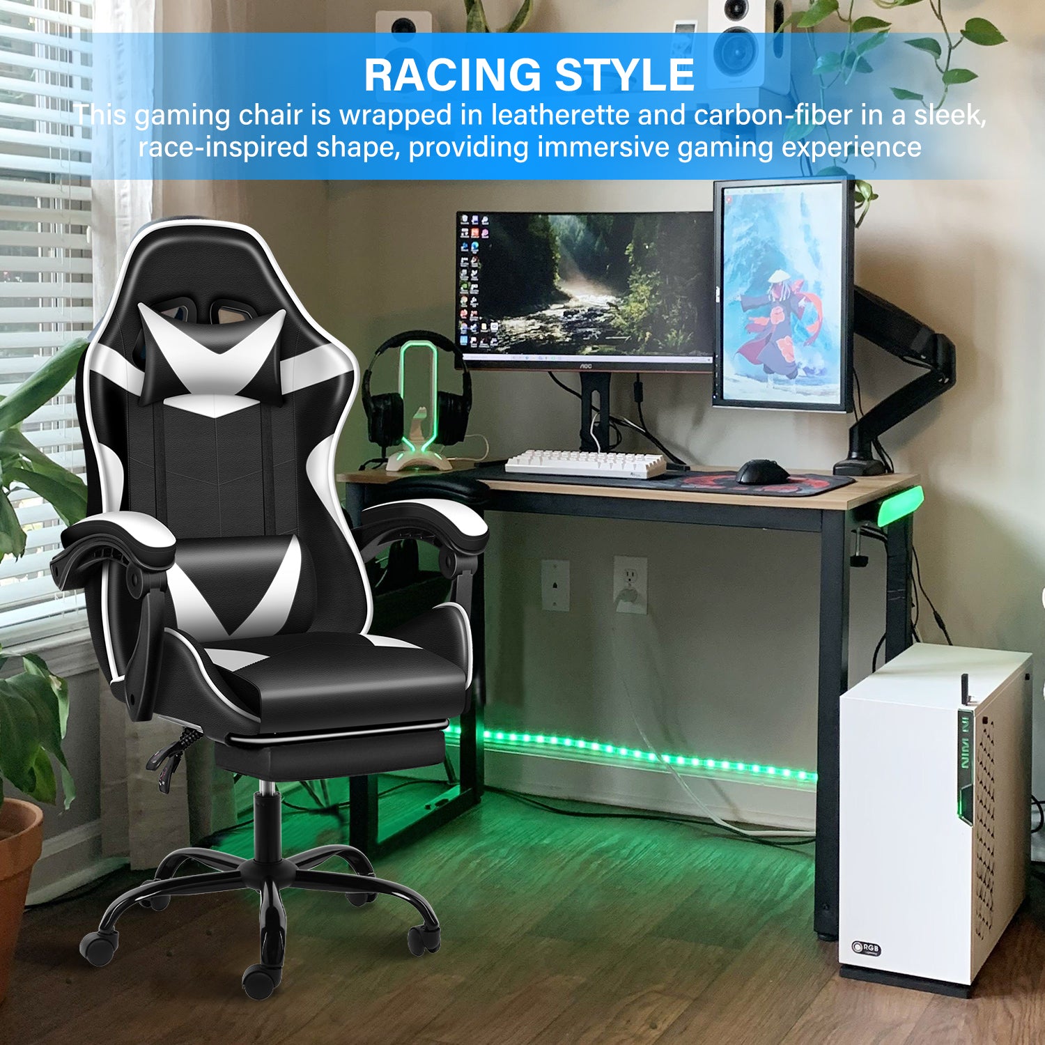 Yssoa Racing Video Backrest And Seat Height Recliner Gaming Office High Back Computer Ergonomic Adjustable Swivel Chair, With Footrest, Black White Black Leather