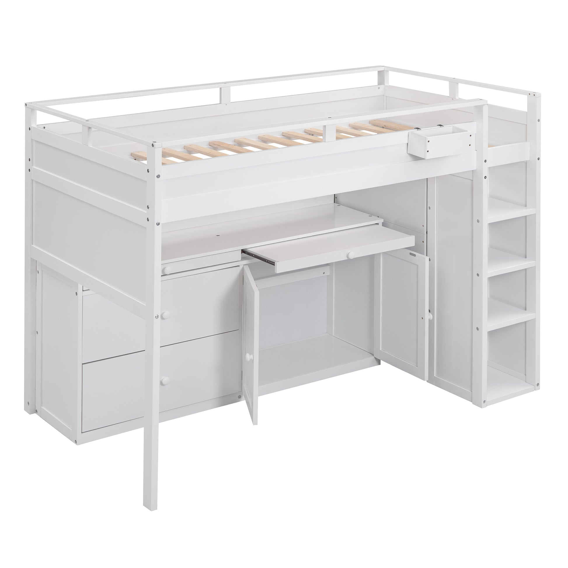 Loft Bed With Rolling Cabinet And Desk White White Solid Wood Mdf