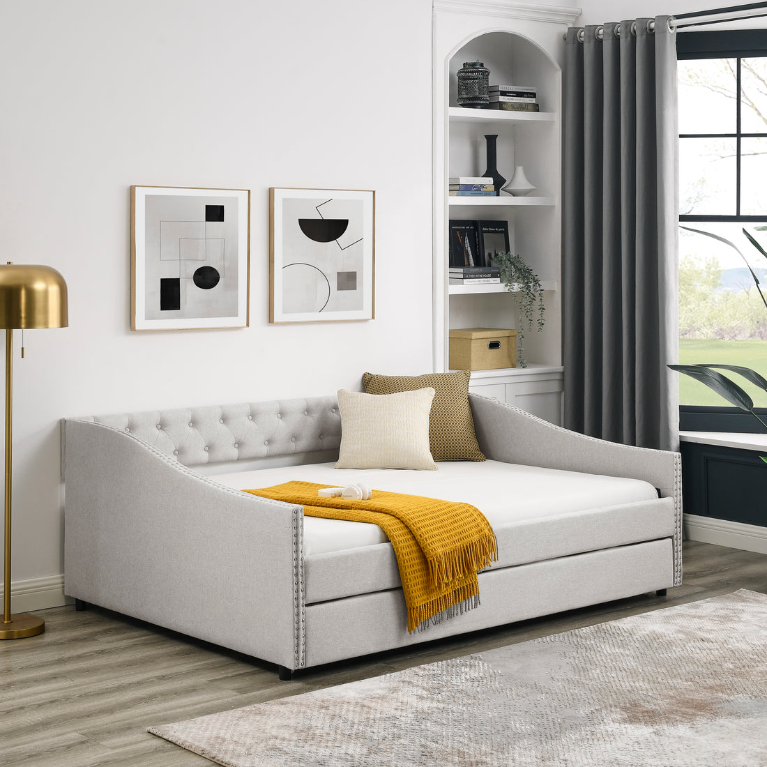 Full Size Daybed With Twin Size Trundle Upholstered Tufted Sofa Bed, With Button On Back And Copper Nail On Waved Shape Arms,Beige 80.5"X55.5"X27.5" Beige Polyester