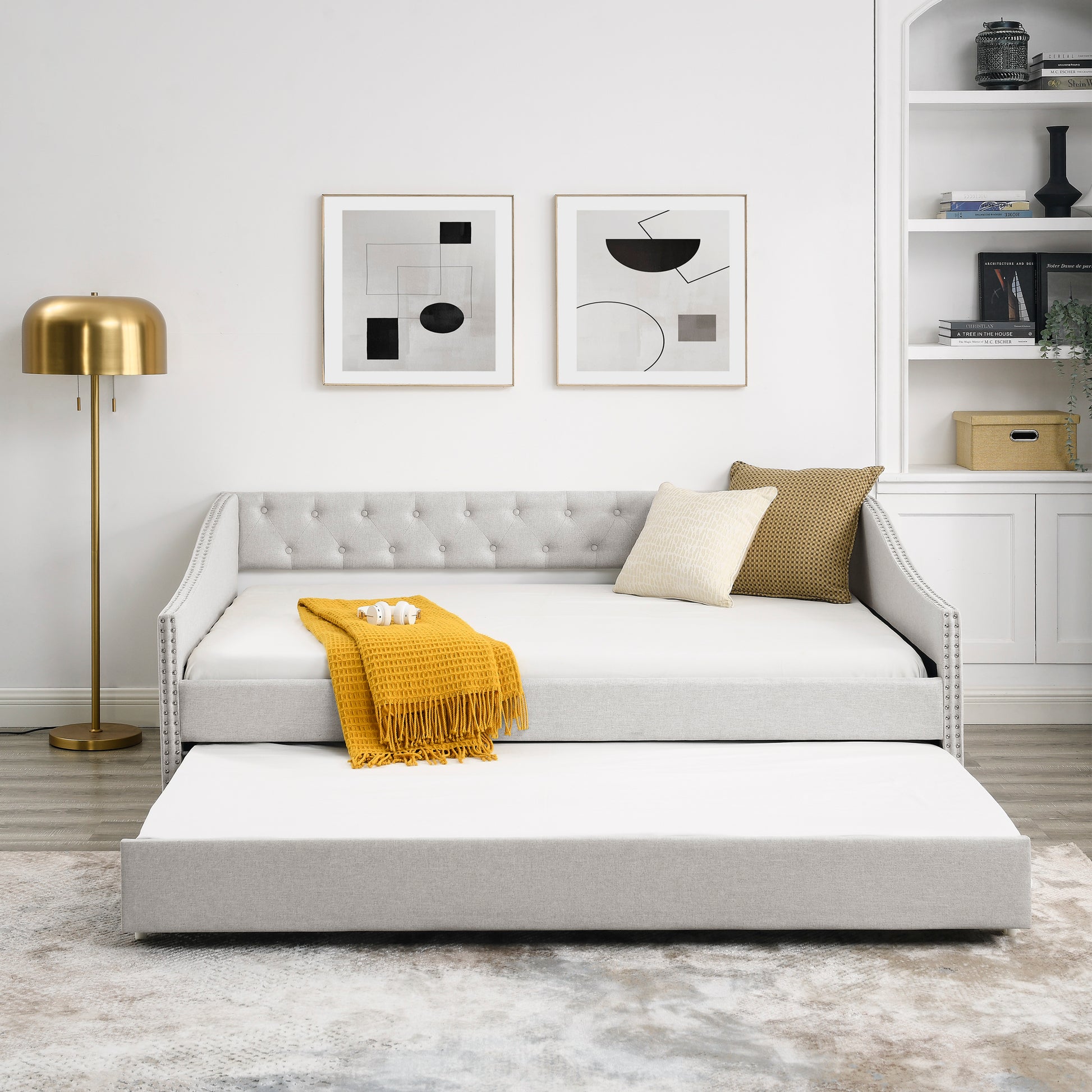 Full Size Daybed With Twin Size Trundle Upholstered Tufted Sofa Bed, With Button On Back And Copper Nail On Waved Shape Arms,Beige 80.5"X55.5"X27.5" Beige Polyester
