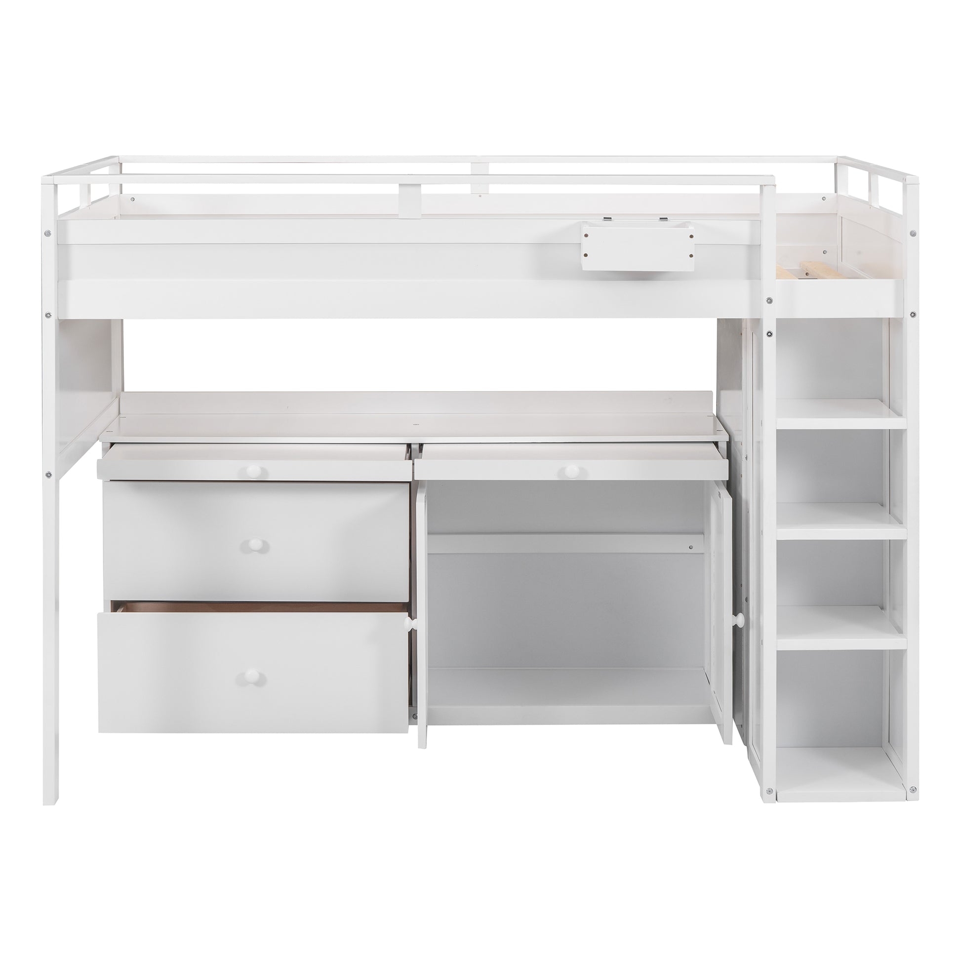 Loft Bed With Rolling Cabinet And Desk White White Solid Wood Mdf