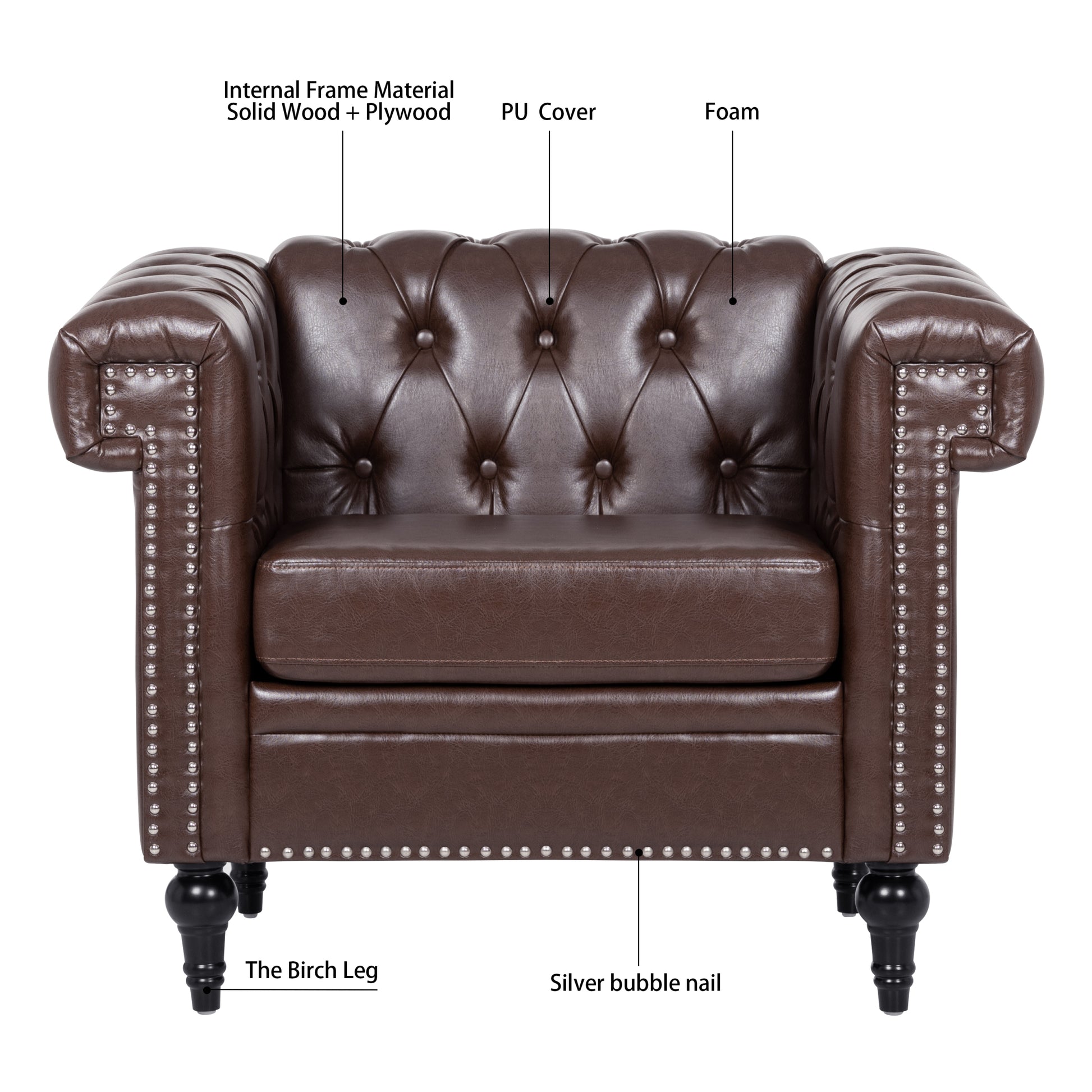 1 Seater Sofa For Living Room Brown Pu Pu