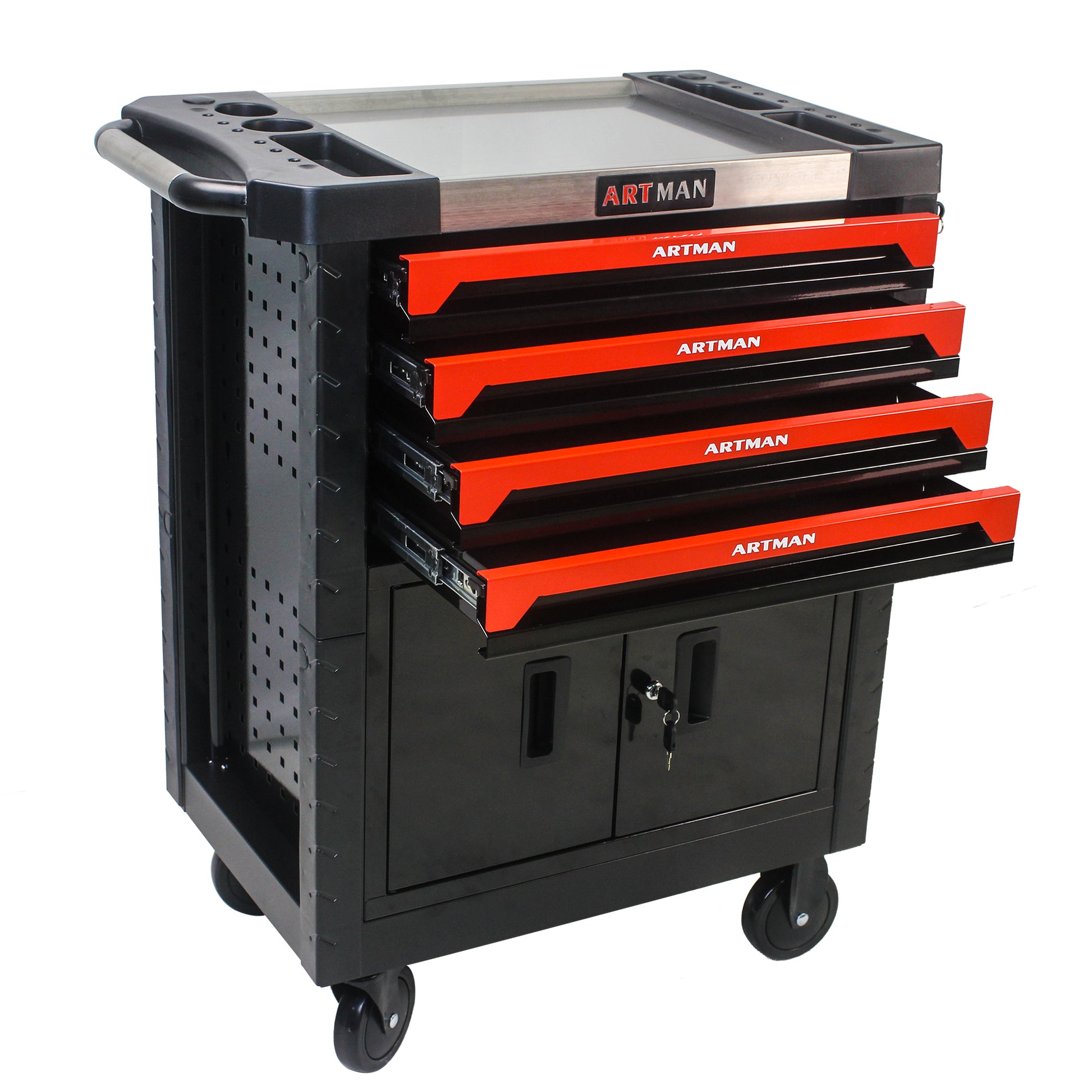 Removable 4 Drawers Tool Cart With Lock Black Red Metal