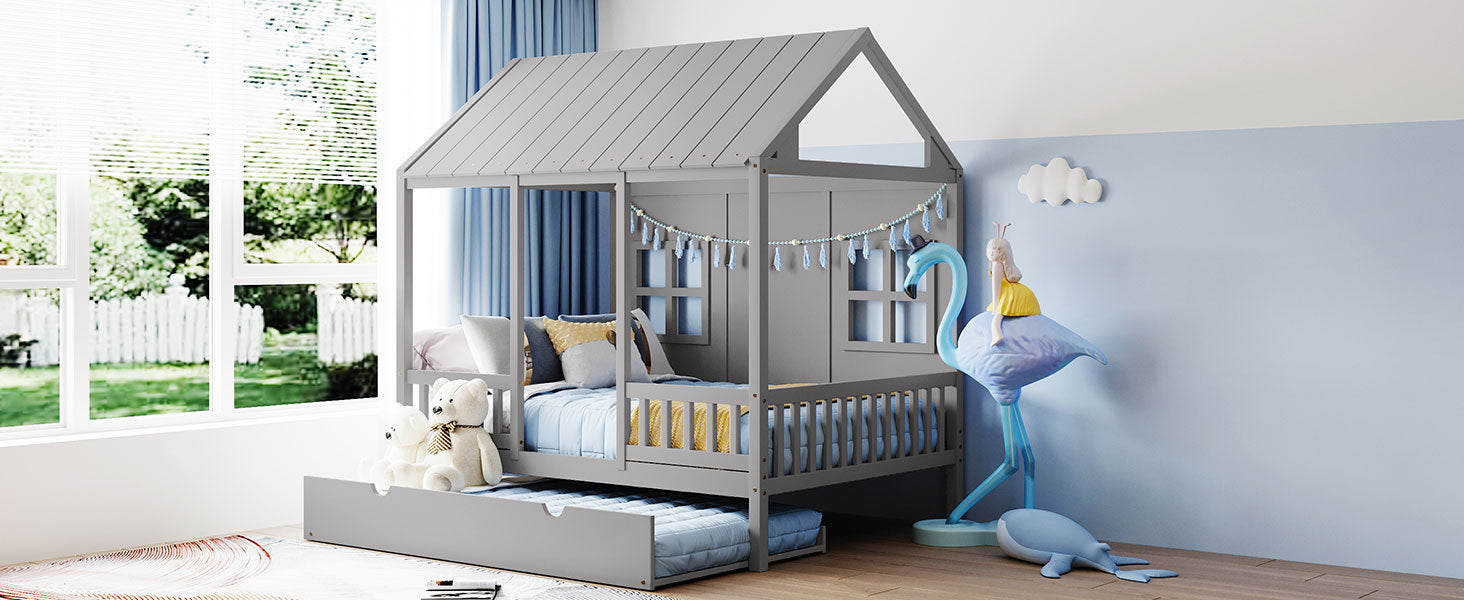 Full Size Wood House Bed With Twin Size Trundle, Wooden Daybed, Gray Full Gray Solid Wood