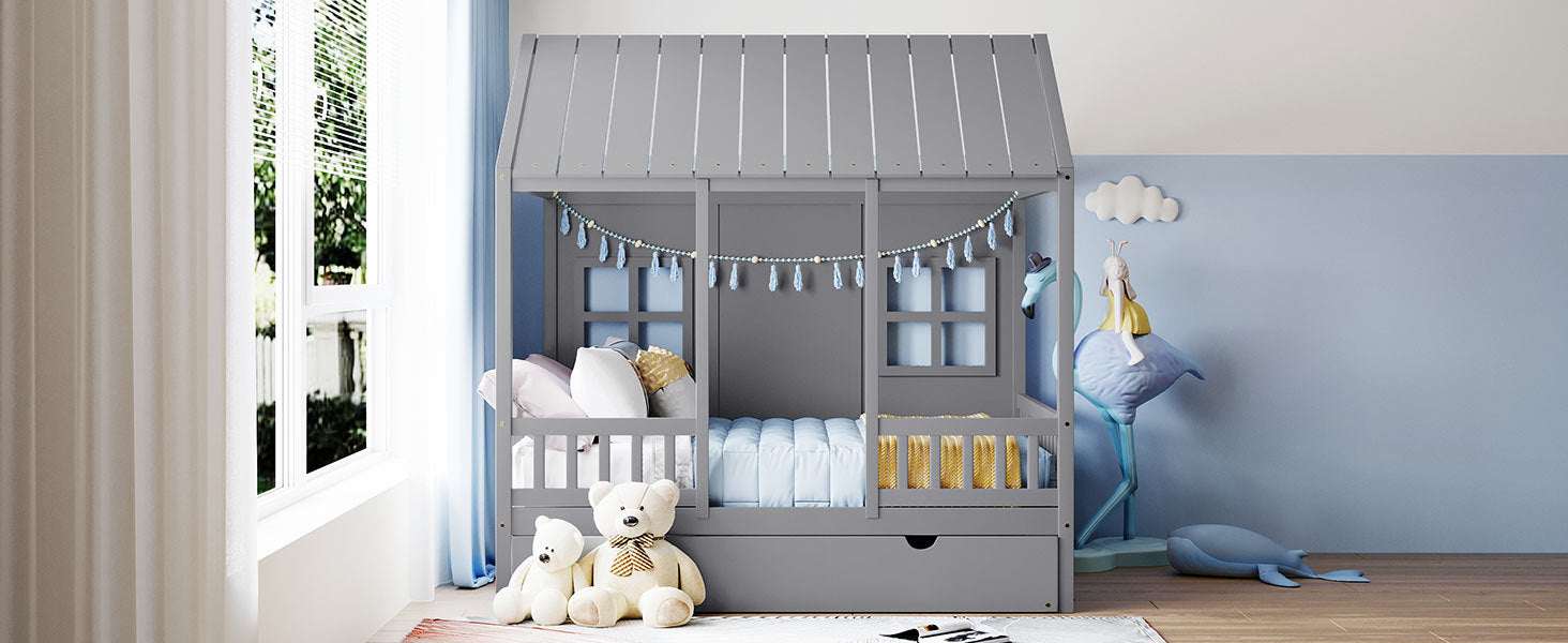 Full Size Wood House Bed With Twin Size Trundle, Wooden Daybed, Gray Full Gray Solid Wood