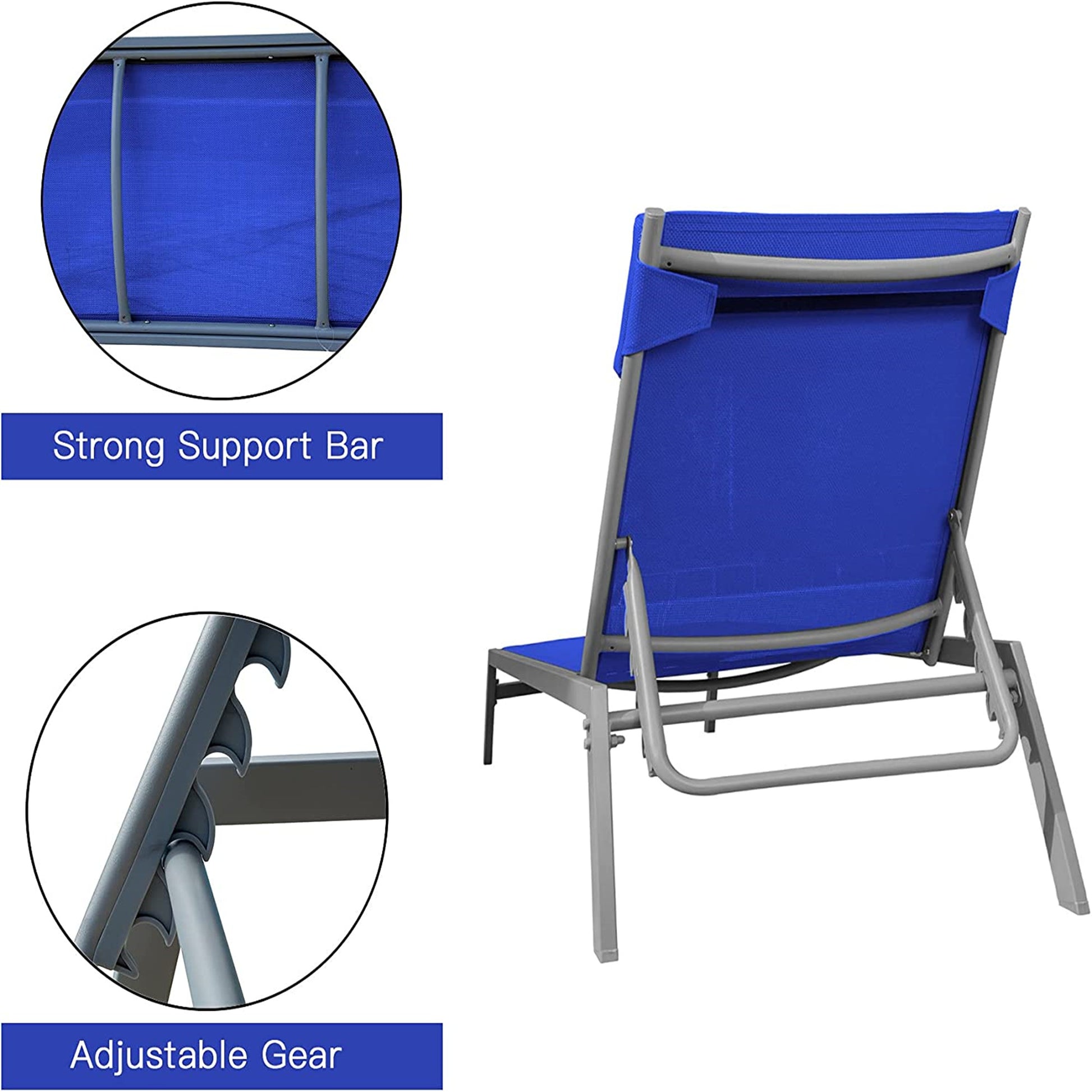 Patio Chaise Lounge Set, 3 Pieces Adjustable Backrest Pool Lounge Chairs Steel Textilene Sunbathing Recliner With Headrest Blue.2 Lounge Chairs 1 Table Blue Steel