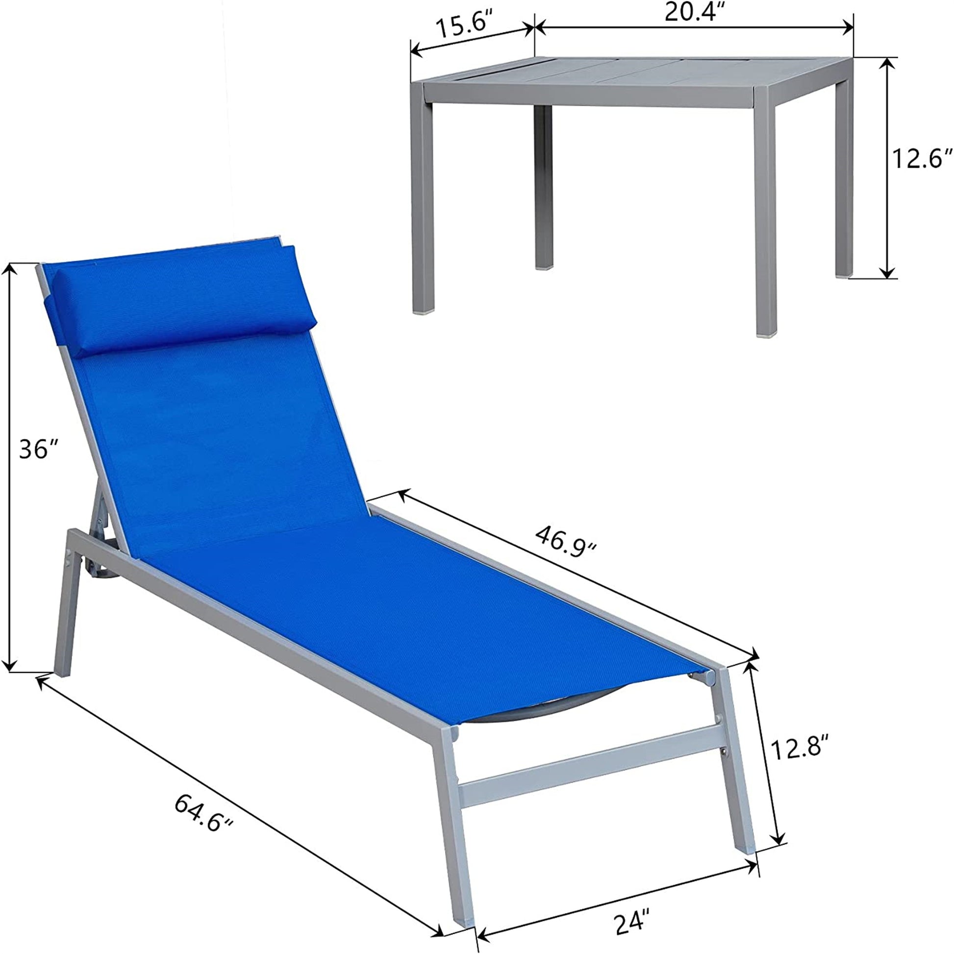 Patio Chaise Lounge Set, 3 Pieces Adjustable Backrest Pool Lounge Chairs Steel Textilene Sunbathing Recliner With Headrest Blue.2 Lounge Chairs 1 Table Blue Steel