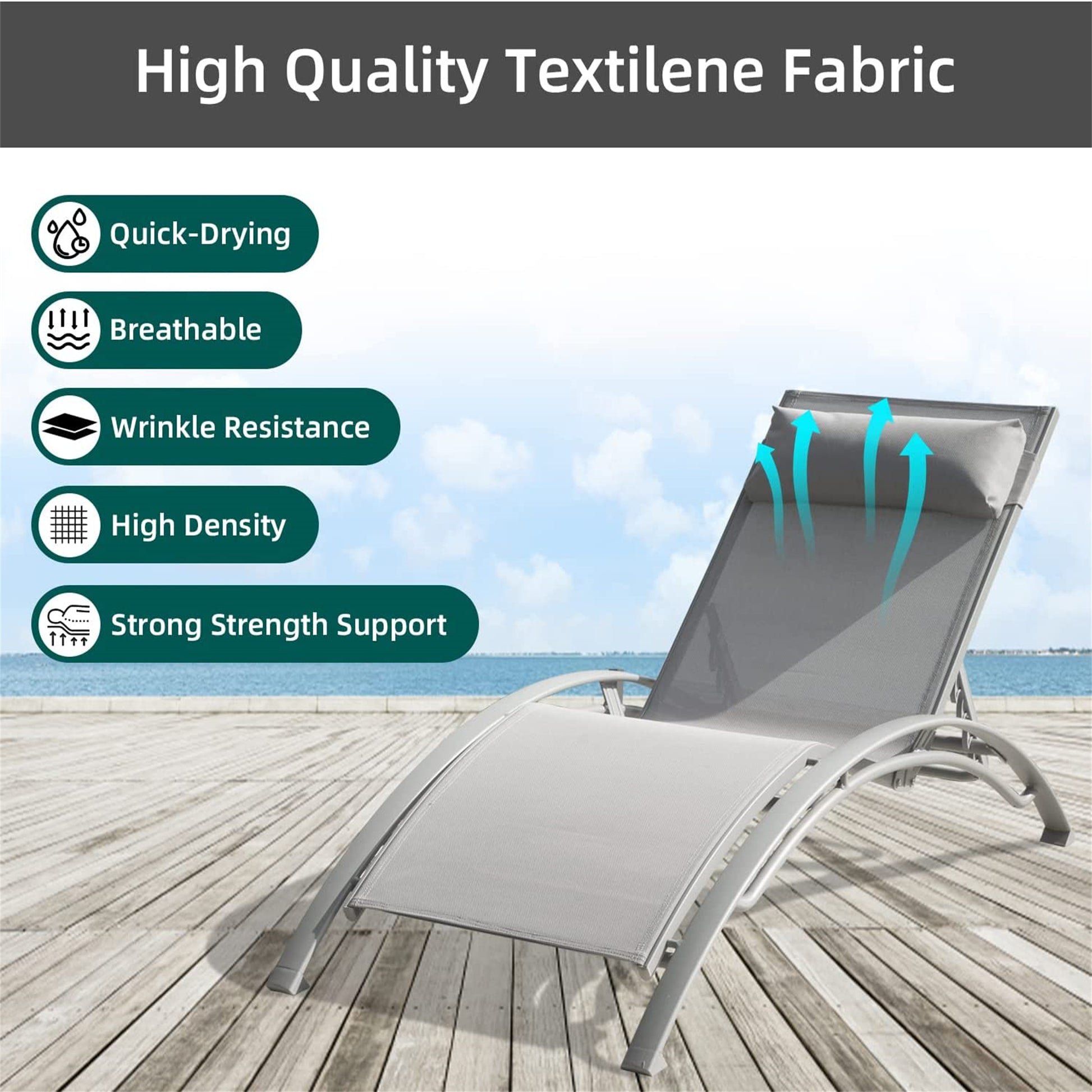 Pool Lounge Chairs Set Of 3, Adjustable Aluminum Outdoor Chaise Lounge Chairs With Metal Side Table, All Weather For Deck Lawn Poolside Backyard Grey,2 Lounge Chairs 1 Table Gray Aluminium