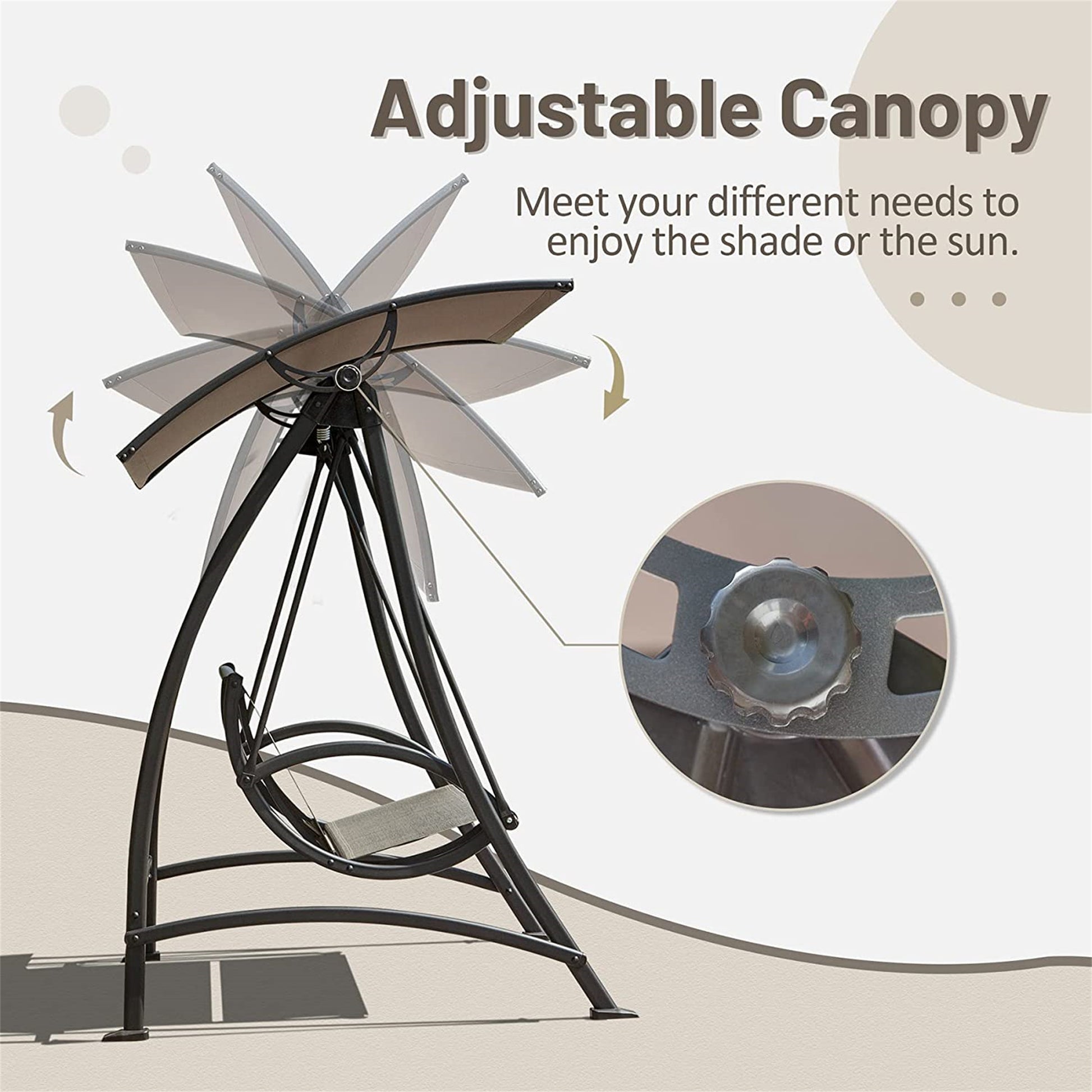 3 Seat Patio Swing Chair, Outdoor Porch Swing With Adjustable Canopy And Durable Steel Frame, Patio Swing Glider For Garden, Deck, Porch, Backyard Dark Brown Steel