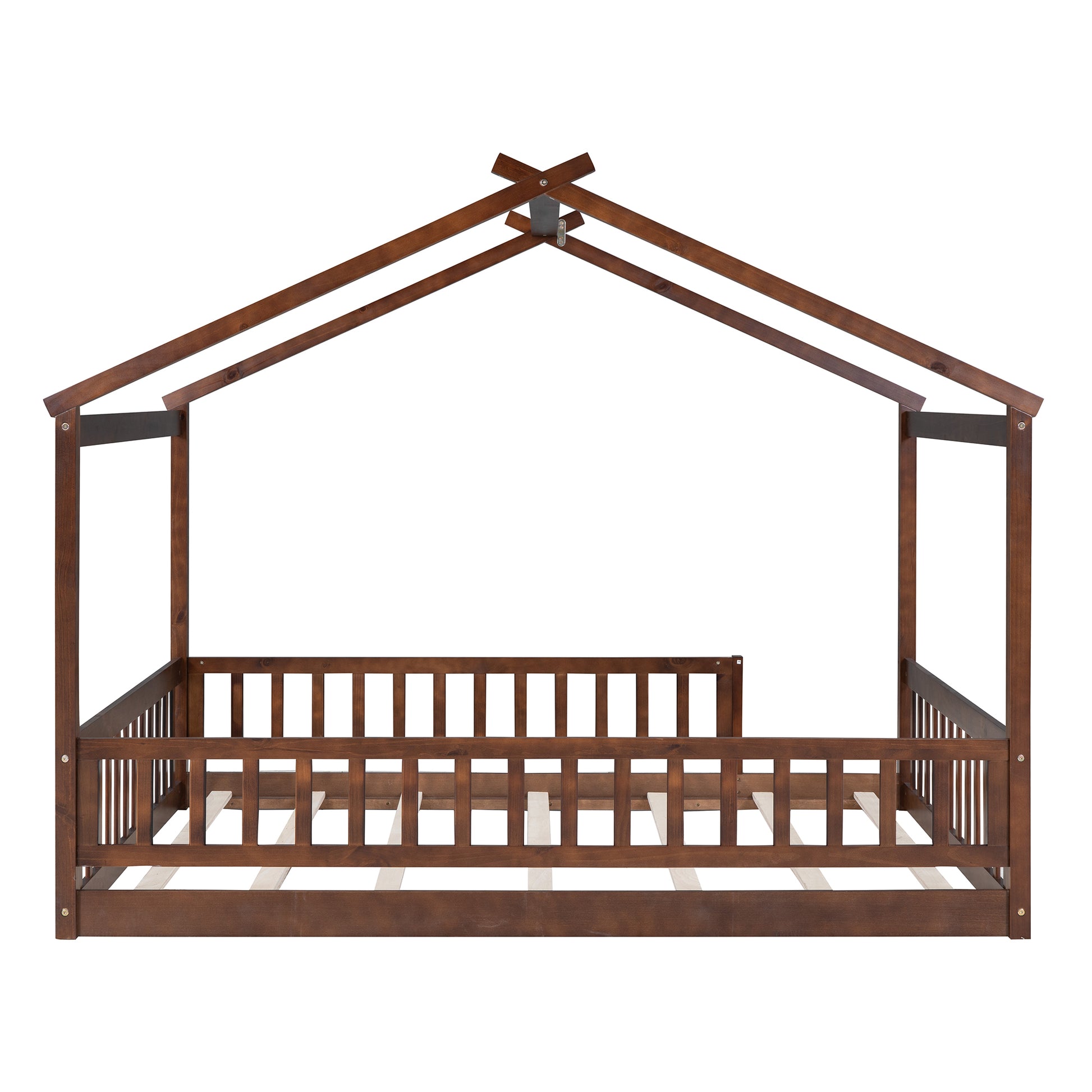 Full Size Wood Bed House Bed Frame With Fence, For Kids, Teens, Girls, Boys,Walnut Box Spring Not Required Full Walnut Wood Pine Bed Frame Wood