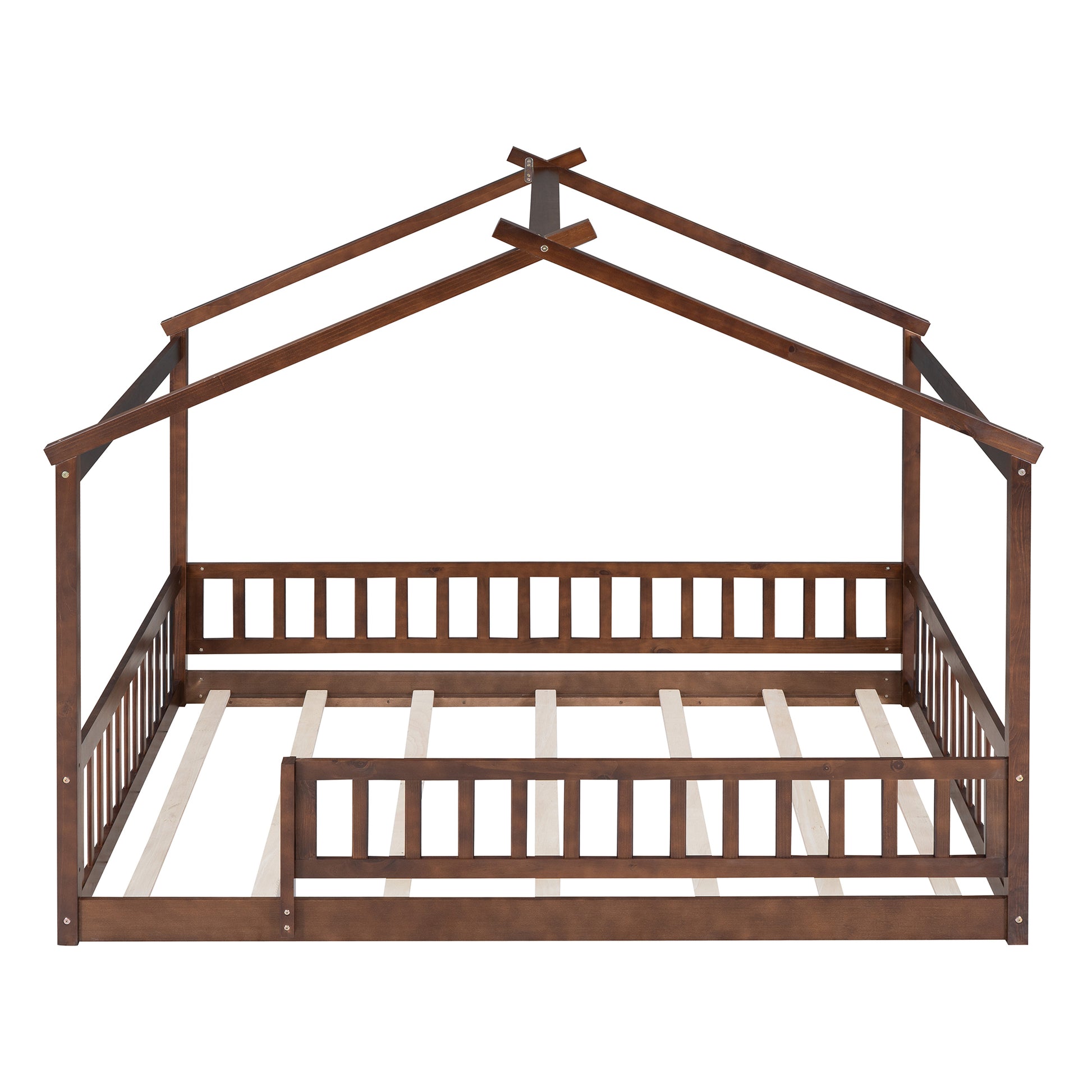 Full Size Wood Bed House Bed Frame With Fence, For Kids, Teens, Girls, Boys,Walnut Box Spring Not Required Full Walnut Wood Pine Bed Frame Wood