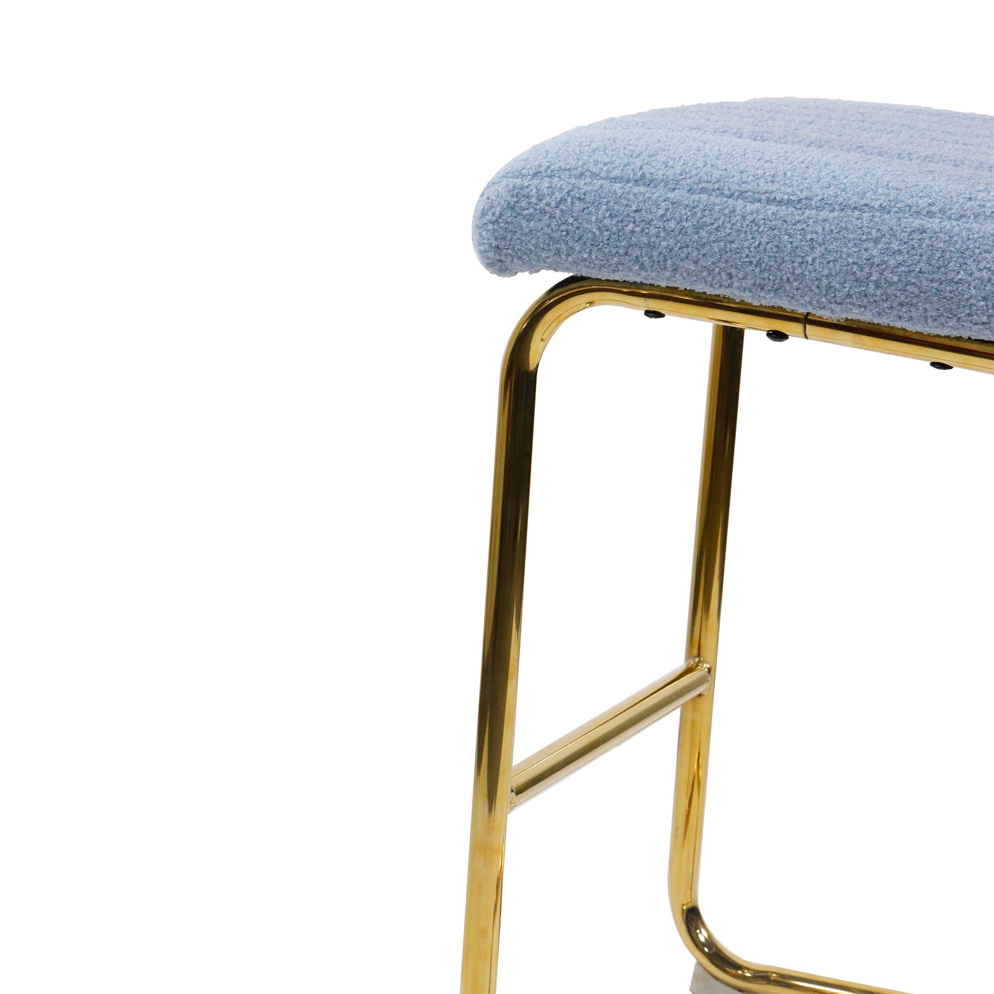 Mid Century Modern Counter Height Bar Stools For Kitchen Set Of 2, Armless Bar Chairs With Gold Metal Chrome Base For Dining Room, Upholstered Boucle Fabric Counter Stools, Blue Blue Faux Fur