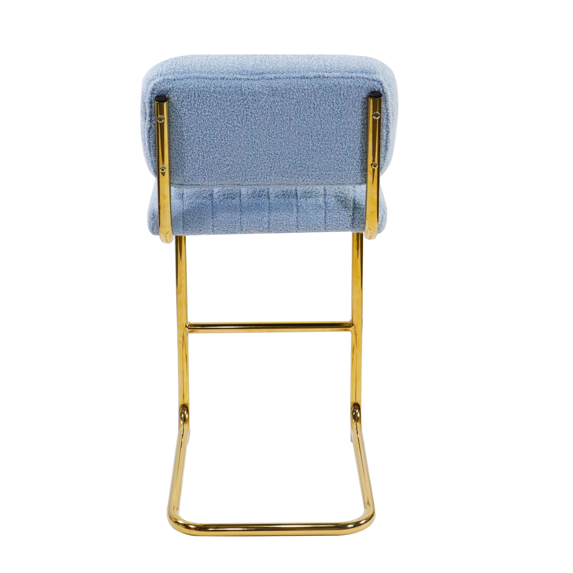 Mid Century Modern Counter Height Bar Stools For Kitchen Set Of 2, Armless Bar Chairs With Gold Metal Chrome Base For Dining Room, Upholstered Boucle Fabric Counter Stools, Blue Blue Faux Fur
