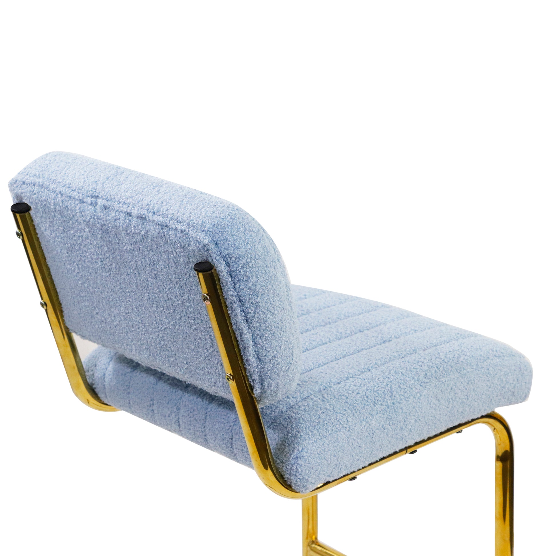 Mid Century Modern Counter Height Bar Stools For Kitchen Set Of 2, Armless Bar Chairs With Gold Metal Chrome Base For Dining Room, Upholstered Boucle Fabric Counter Stools, Blue Blue Faux Fur