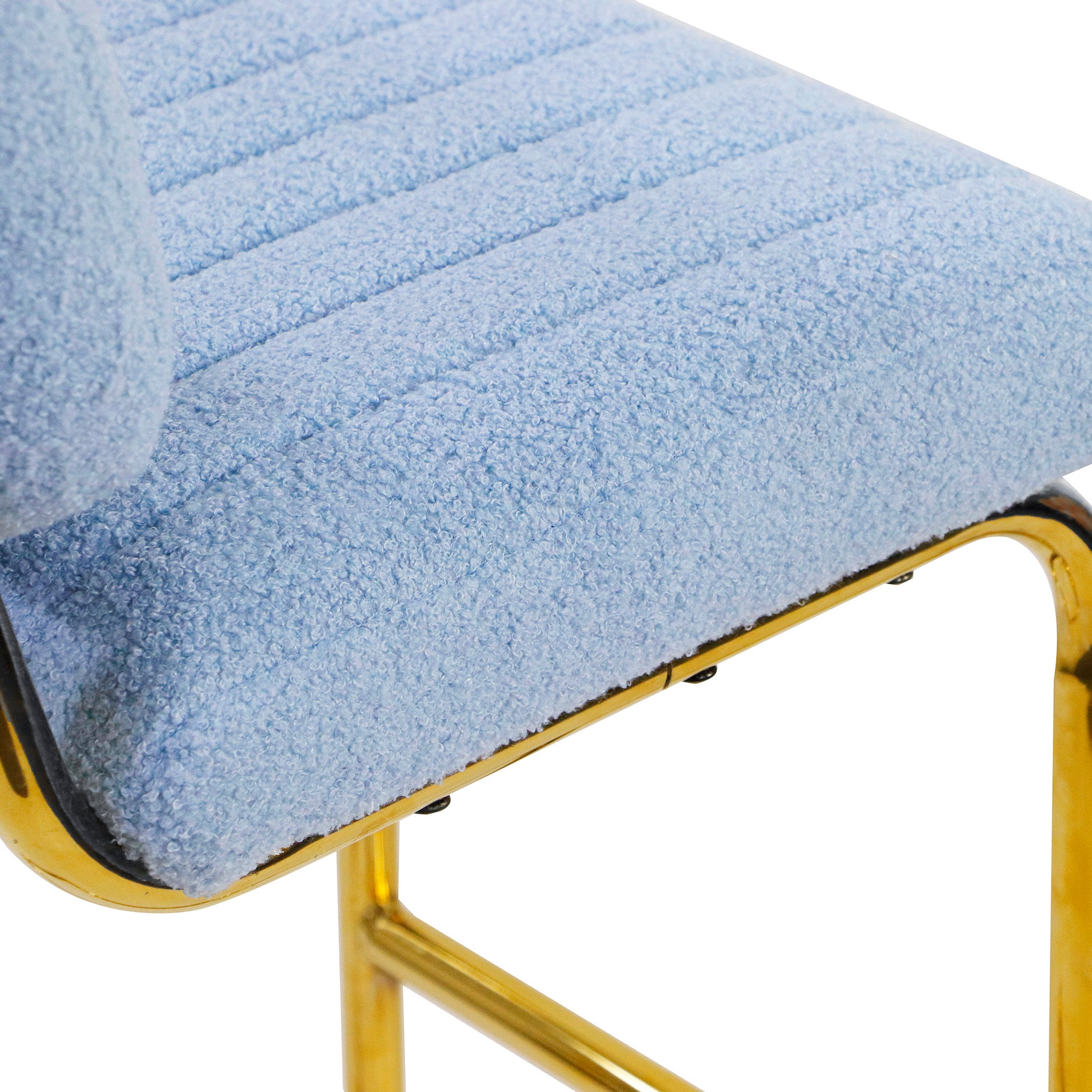 Mid Century Modern Counter Height Bar Stools For Kitchen Set Of 2, Armless Bar Chairs With Gold Metal Chrome Base For Dining Room, Upholstered Boucle Fabric Counter Stools, Blue Blue Faux Fur