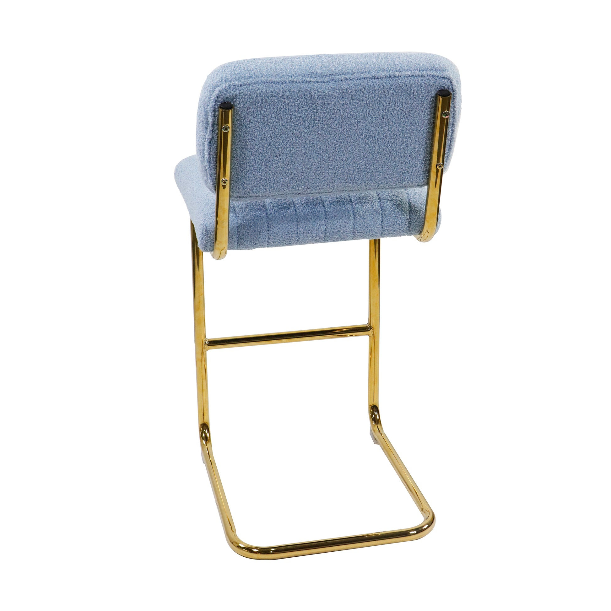 Mid Century Modern Counter Height Bar Stools For Kitchen Set Of 2, Armless Bar Chairs With Gold Metal Chrome Base For Dining Room, Upholstered Boucle Fabric Counter Stools, Blue Blue Faux Fur