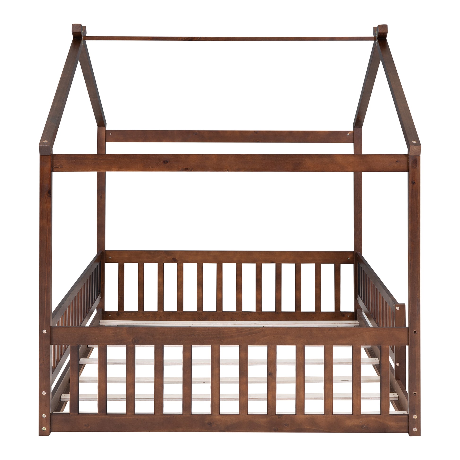 Full Size Wood Bed House Bed Frame With Fence, For Kids, Teens, Girls, Boys,Walnut Box Spring Not Required Full Walnut Wood Pine Bed Frame Wood