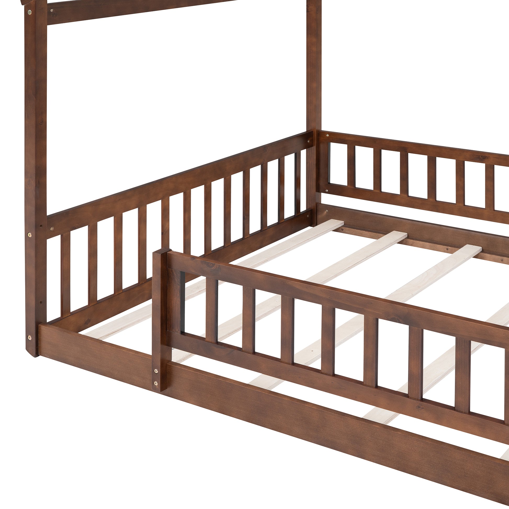 Full Size Wood Bed House Bed Frame With Fence, For Kids, Teens, Girls, Boys,Walnut Box Spring Not Required Full Walnut Wood Pine Bed Frame Wood