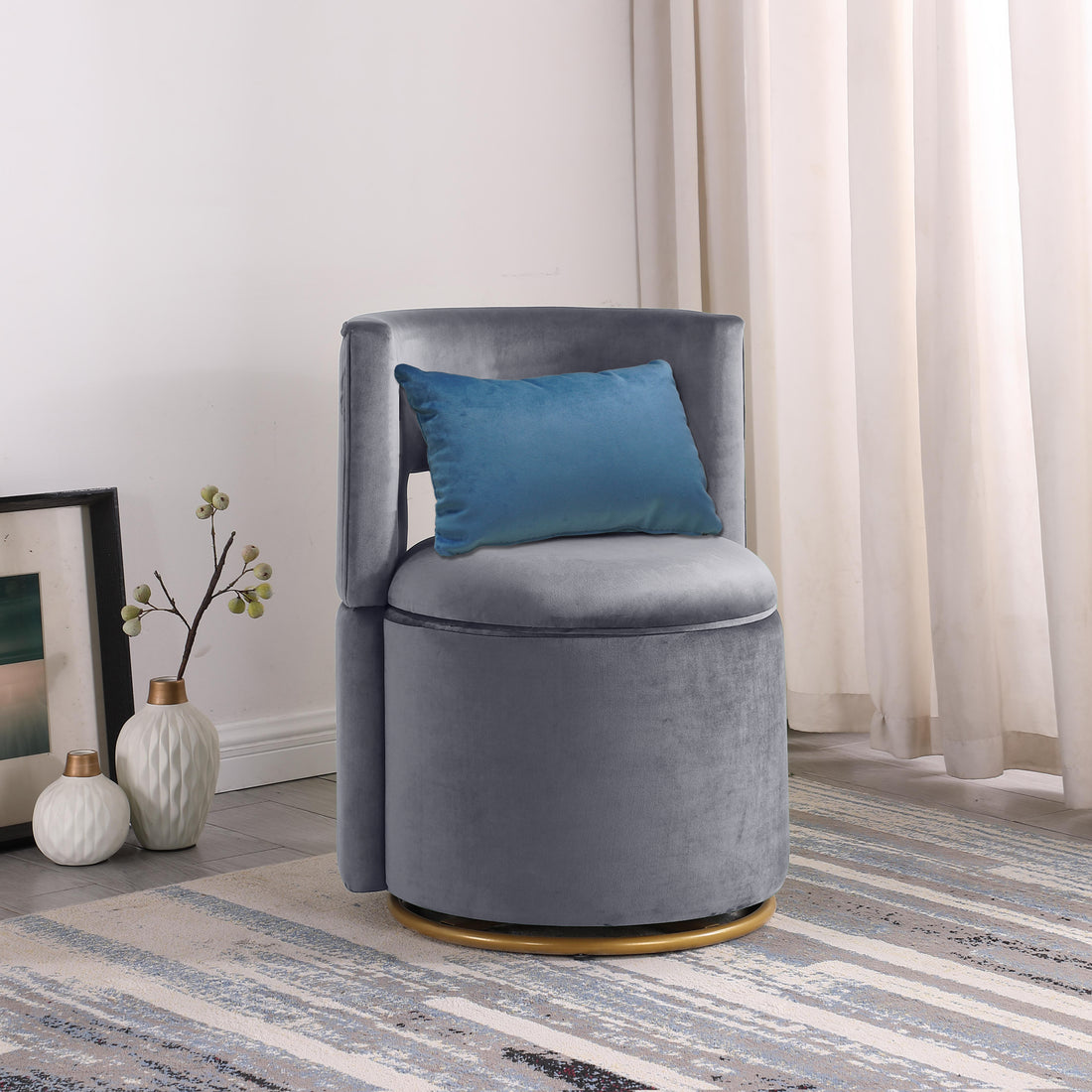 360 Swivel Accent Chair With Storage Function, And Velvet Pillow, Velvet Curved Chair With Gold Metal Base For Living Room, Nursery, Bedroom Video Gray Velvet