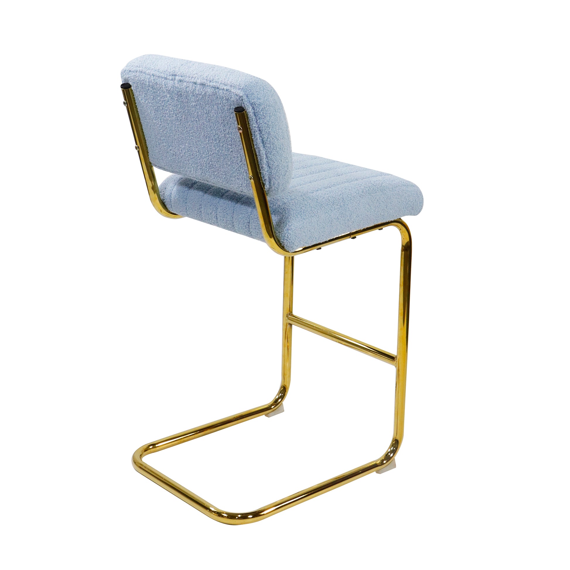 Mid Century Modern Counter Height Bar Stools For Kitchen Set Of 2, Armless Bar Chairs With Gold Metal Chrome Base For Dining Room, Upholstered Boucle Fabric Counter Stools, Blue Blue Faux Fur