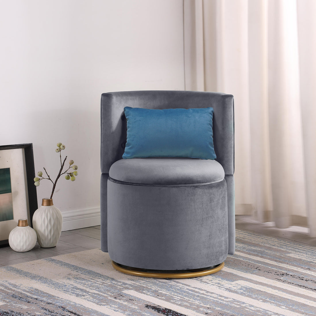 360 Swivel Accent Chair With Storage Function, And Velvet Pillow, Velvet Curved Chair With Gold Metal Base For Living Room, Nursery, Bedroom Video Gray Velvet