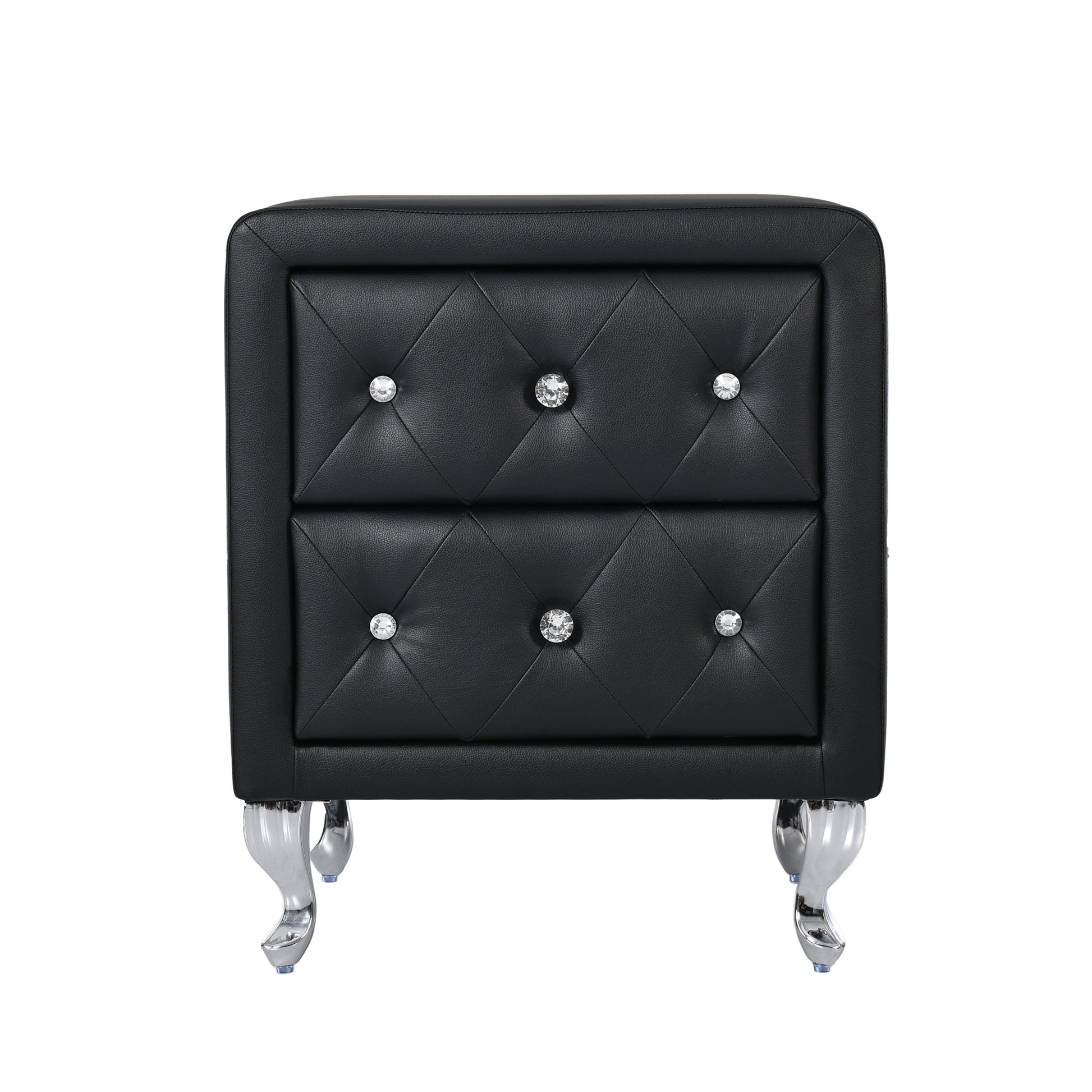 Elegant Pu Nightstand With 2 Drawers And Crystal Handle,Fully Assembled Except Legs&Handles,Storage Bedside Table With Metal Legs Black Black Pu