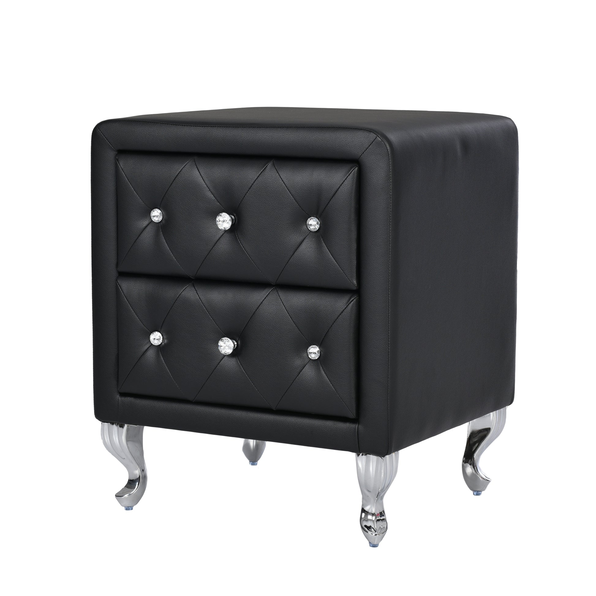 Elegant Pu Nightstand With 2 Drawers And Crystal Handle,Fully Assembled Except Legs&Handles,Storage Bedside Table With Metal Legs Black Black Pu