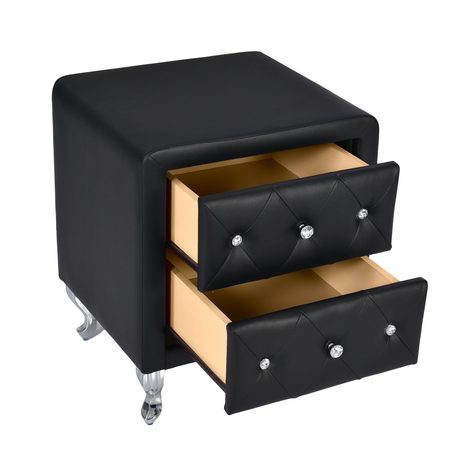 Elegant Pu Nightstand With 2 Drawers And Crystal Handle,Fully Assembled Except Legs&Handles,Storage Bedside Table With Metal Legs Black Black Pu