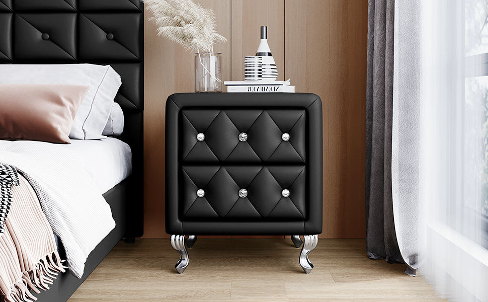 Elegant Pu Nightstand With 2 Drawers And Crystal Handle,Fully Assembled Except Legs&Handles,Storage Bedside Table With Metal Legs Black Black Pu