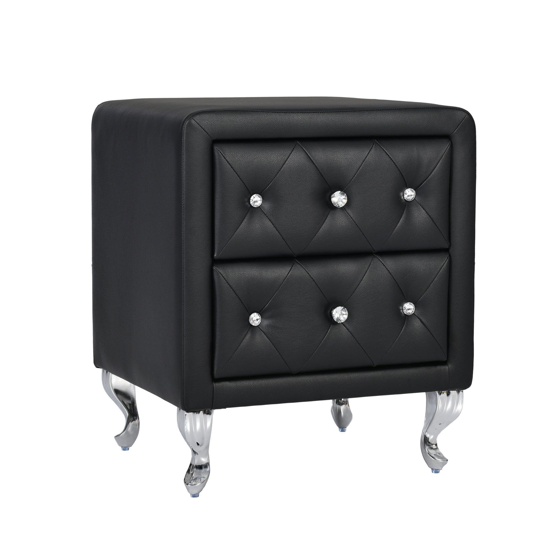 Elegant Pu Nightstand With 2 Drawers And Crystal Handle,Fully Assembled Except Legs&Handles,Storage Bedside Table With Metal Legs Black Black Pu