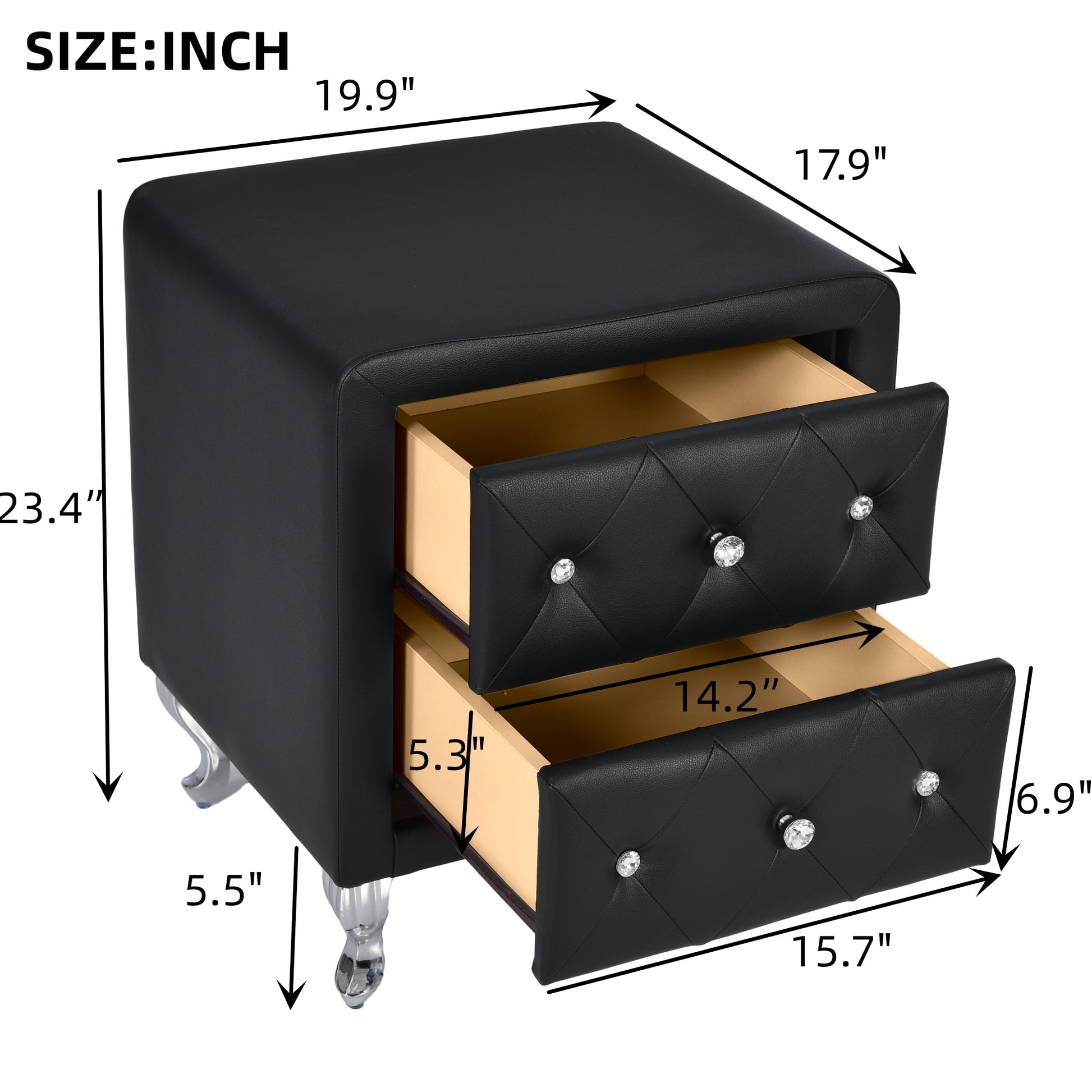 Elegant Pu Nightstand With 2 Drawers And Crystal Handle,Fully Assembled Except Legs&Handles,Storage Bedside Table With Metal Legs Black Black Pu