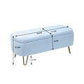Blue Storage Ottoman Bench For End Of Bed Gold Legs, Modern Grey Faux Fur Entryway Bench Upholstered Padded With Storage For Living Room Bedroom Blue Faux Fur