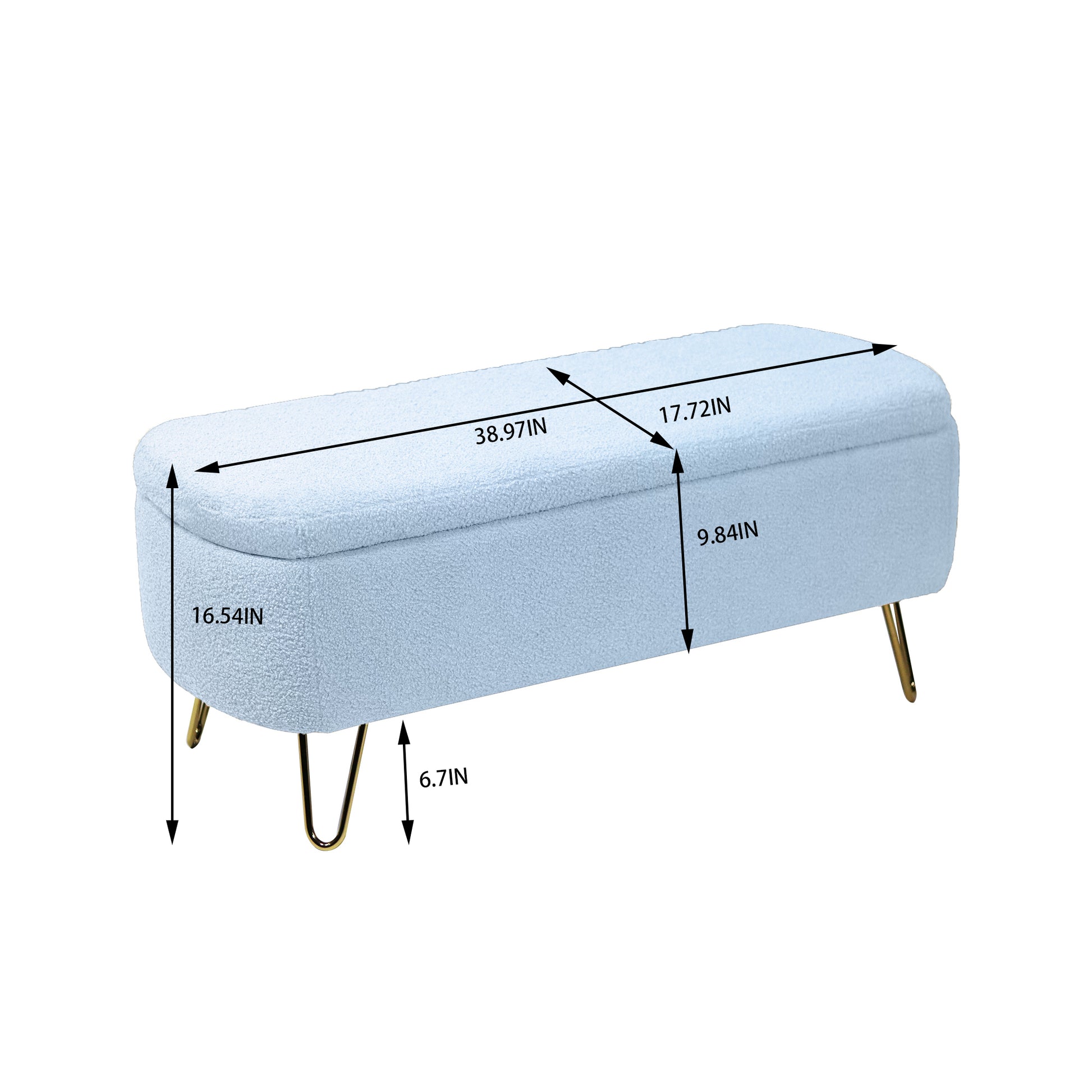 Blue Storage Ottoman Bench For End Of Bed Gold Legs, Modern Grey Faux Fur Entryway Bench Upholstered Padded With Storage For Living Room Bedroom Blue Faux Fur