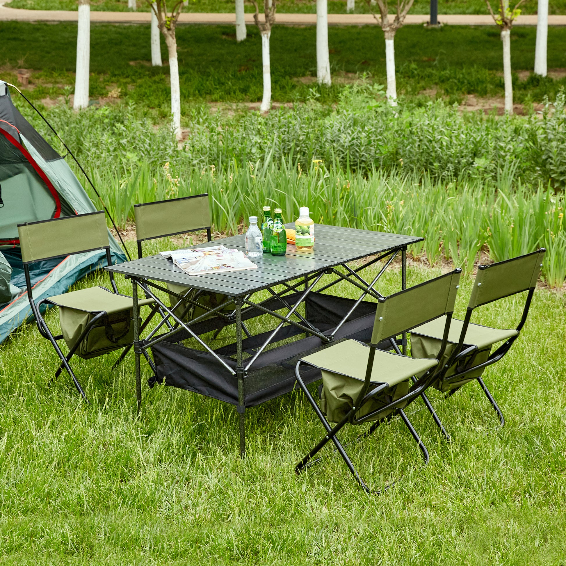 Set Of 5, Folding Outdoor Table And Chairs Set For Indoor, Outdoor Camping, Picnics, Beach,Backyard, Bbq, Party, Patio, Black Green Black Aluminum