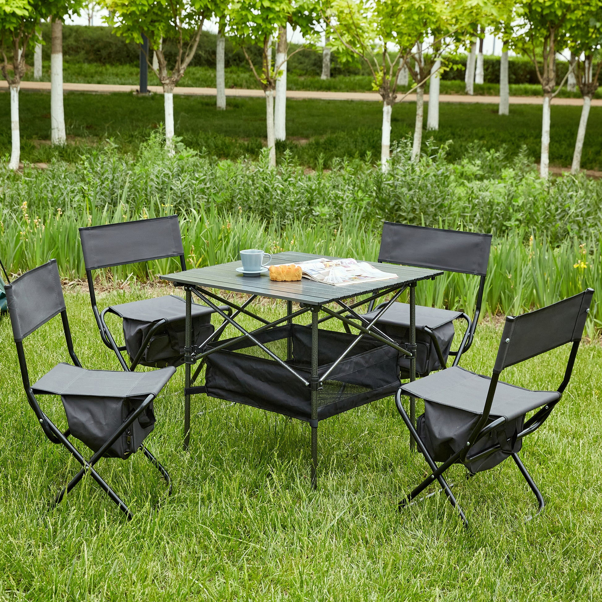 Set Of 5, Folding Outdoor Table And Chairs Set For Indoor, Outdoor Camping, Picnics, Beach,Backyard, Bbq, Party, Patio, Black Gray Black Aluminum