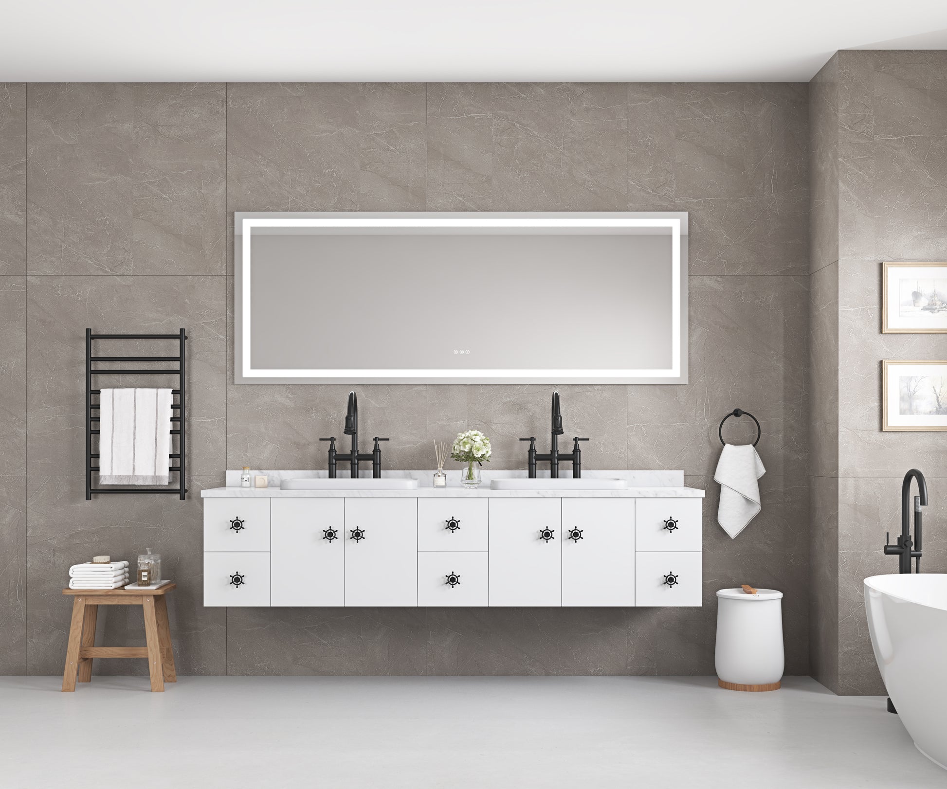 84*30Led Lighted Bathroom Wall Mounted Mirror With High Lumen Anti Fog Separately Control Dimmer Function White Aluminium