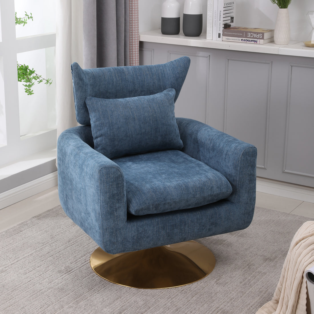 Classic Mid Century 360 Degree Swivel Accent Chair, Blue Linen Blue Primary Living Space American Design Foam Linen