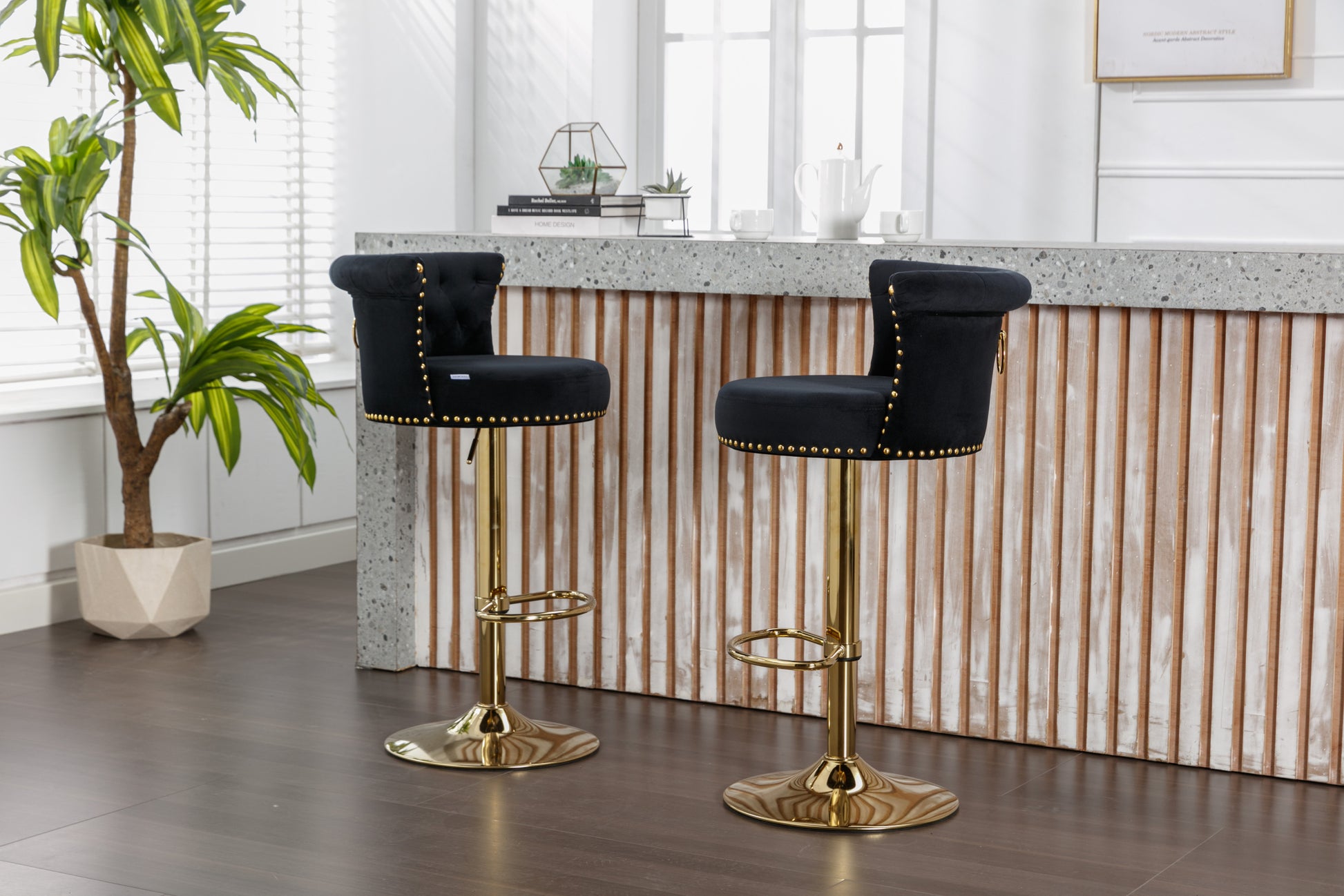 Coolmore Swivel Bar Stools Set Of 2 Adjustable Counter Height Chairs With Footrest For Kitchen, Dining Room 2Pc Set Black Velvet