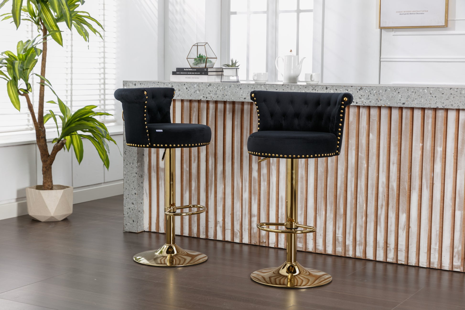 Coolmore Swivel Bar Stools Set Of 2 Adjustable Counter Height Chairs With Footrest For Kitchen, Dining Room 2Pc Set Black Velvet
