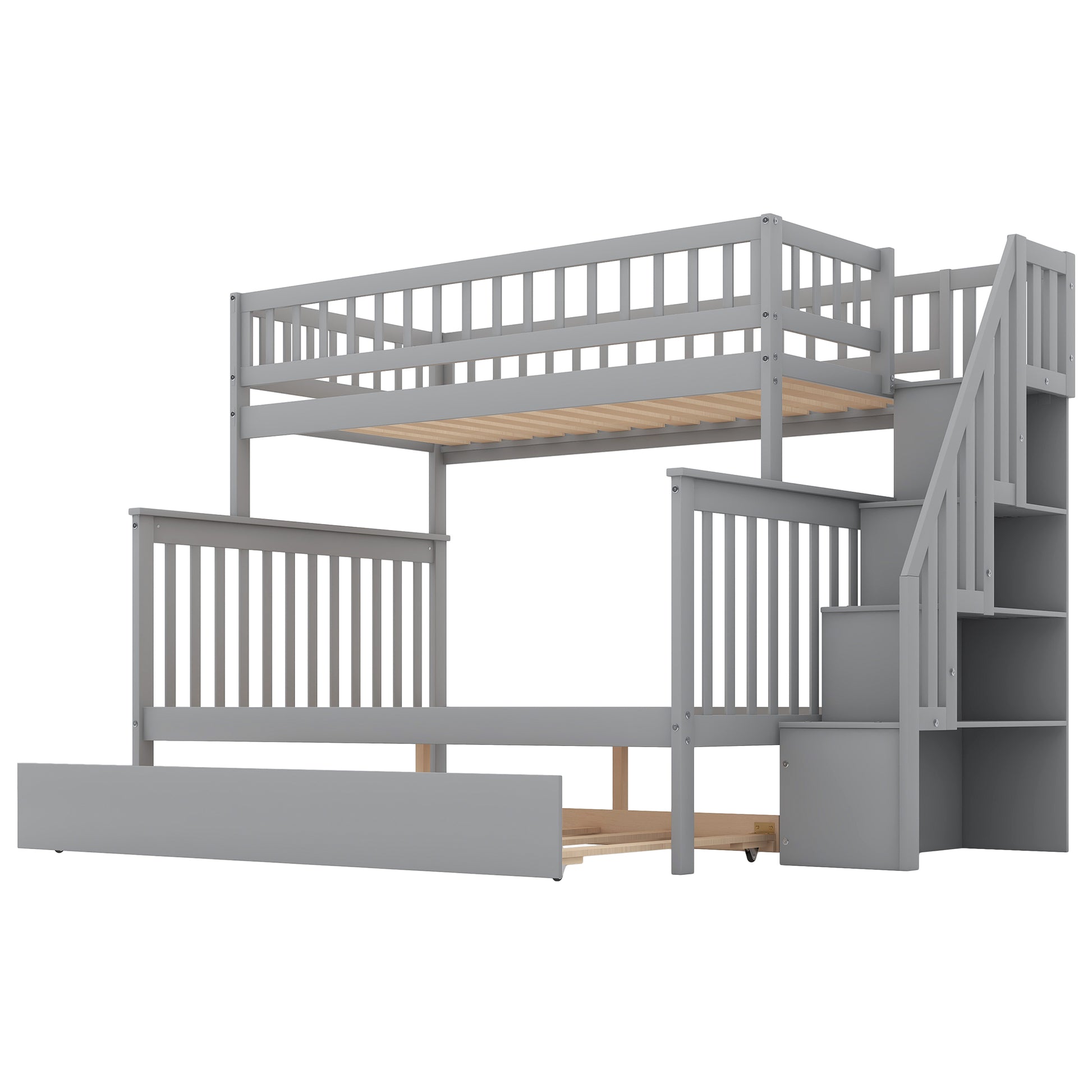 Twin Over Full Bunk Bed With Trundle And Staircase,Gray Twin Gray Pine