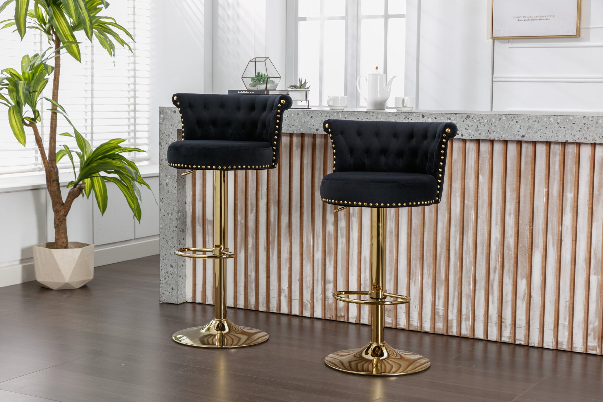 Coolmore Swivel Bar Stools Set Of 2 Adjustable Counter Height Chairs With Footrest For Kitchen, Dining Room 2Pc Set Black Velvet